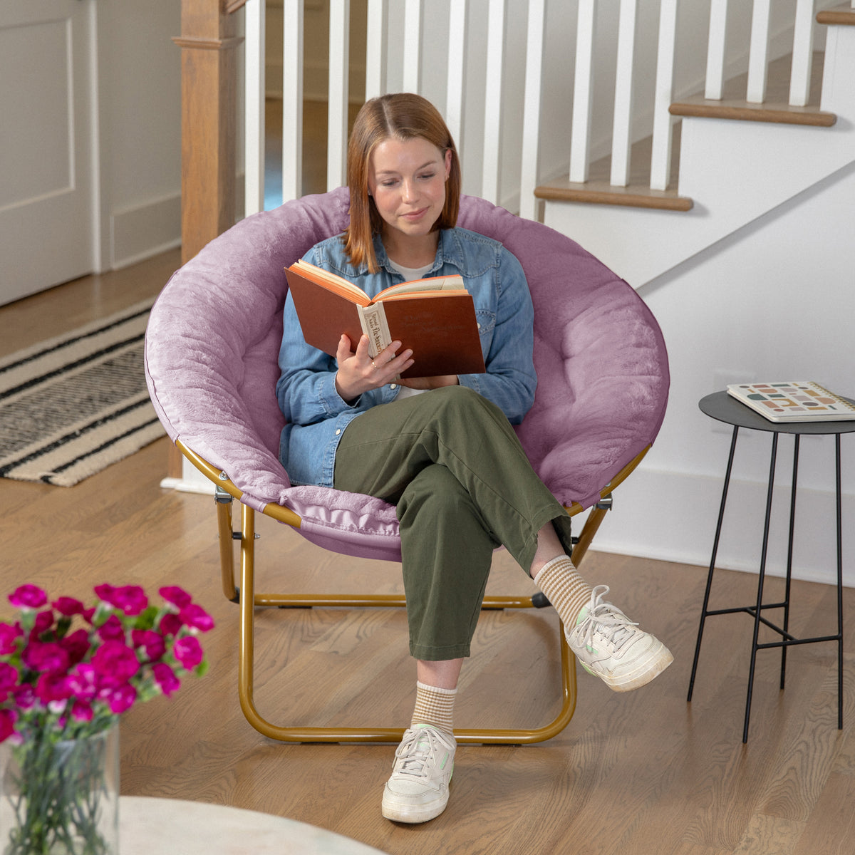 Gwen 38" Oversize Portable Faux Fur Folding Saucer Moon Chair for Dorm and Bedroom