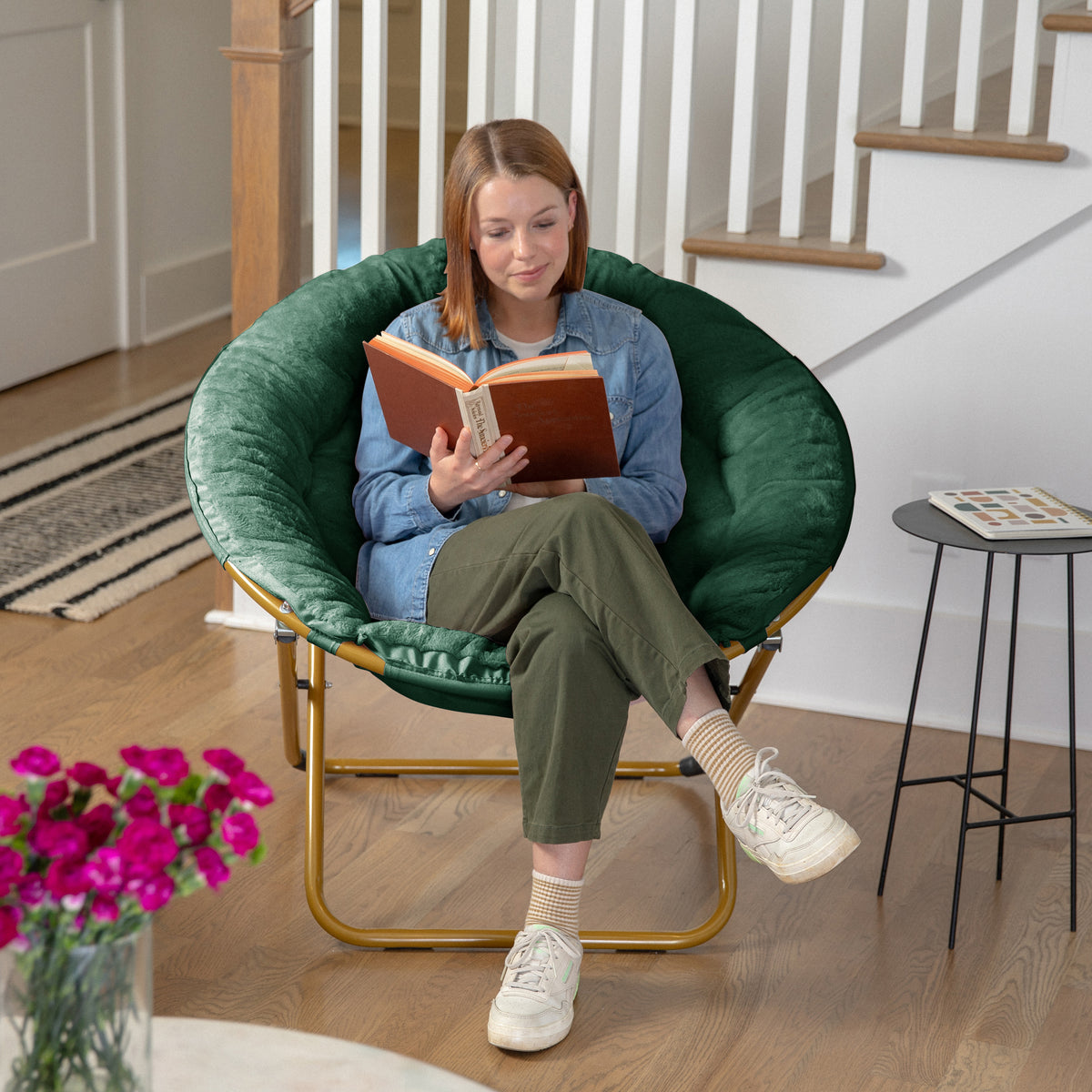 Gwen 38" Oversize Portable Faux Fur Folding Saucer Moon Chair for Dorm and Bedroom