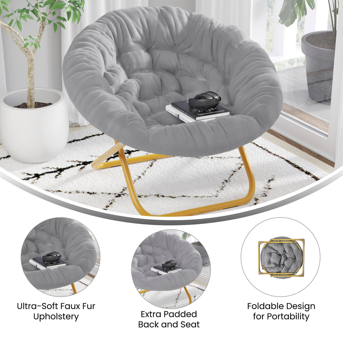 Gwen 38" Oversize Portable Faux Fur Folding Saucer Moon Chair for Dorm and Bedroom
