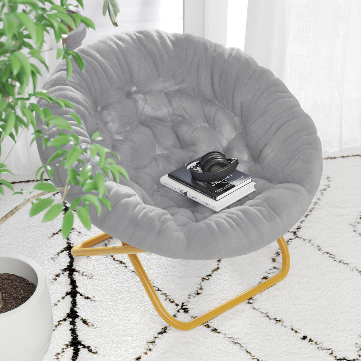 Gwen 38" Oversize Portable Faux Fur Folding Saucer Moon Chair for Dorm and Bedroom