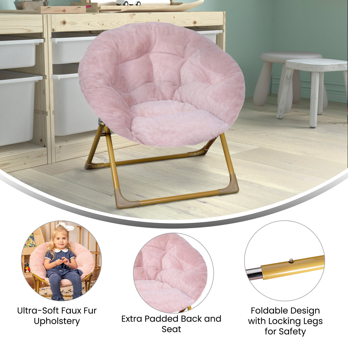 Gwen 23" Kids Cozy Mini Folding Saucer Chair, Faux Fur Moon Chair for Toddlers and Bedroom