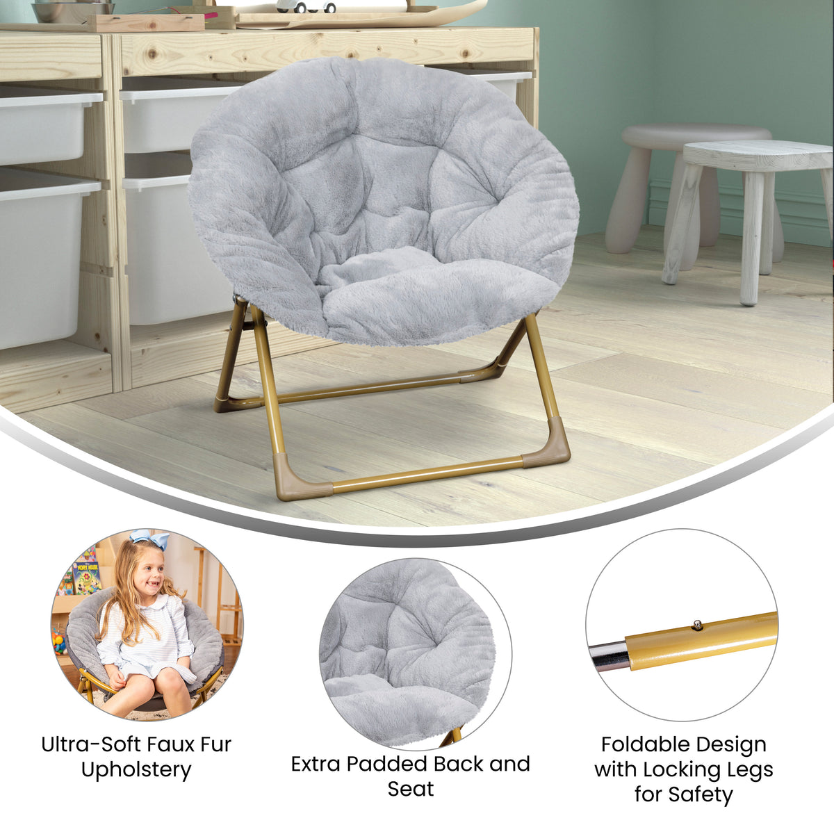 Gwen 23" Kids Cozy Mini Folding Saucer Chair, Faux Fur Moon Chair for Toddlers and Bedroom