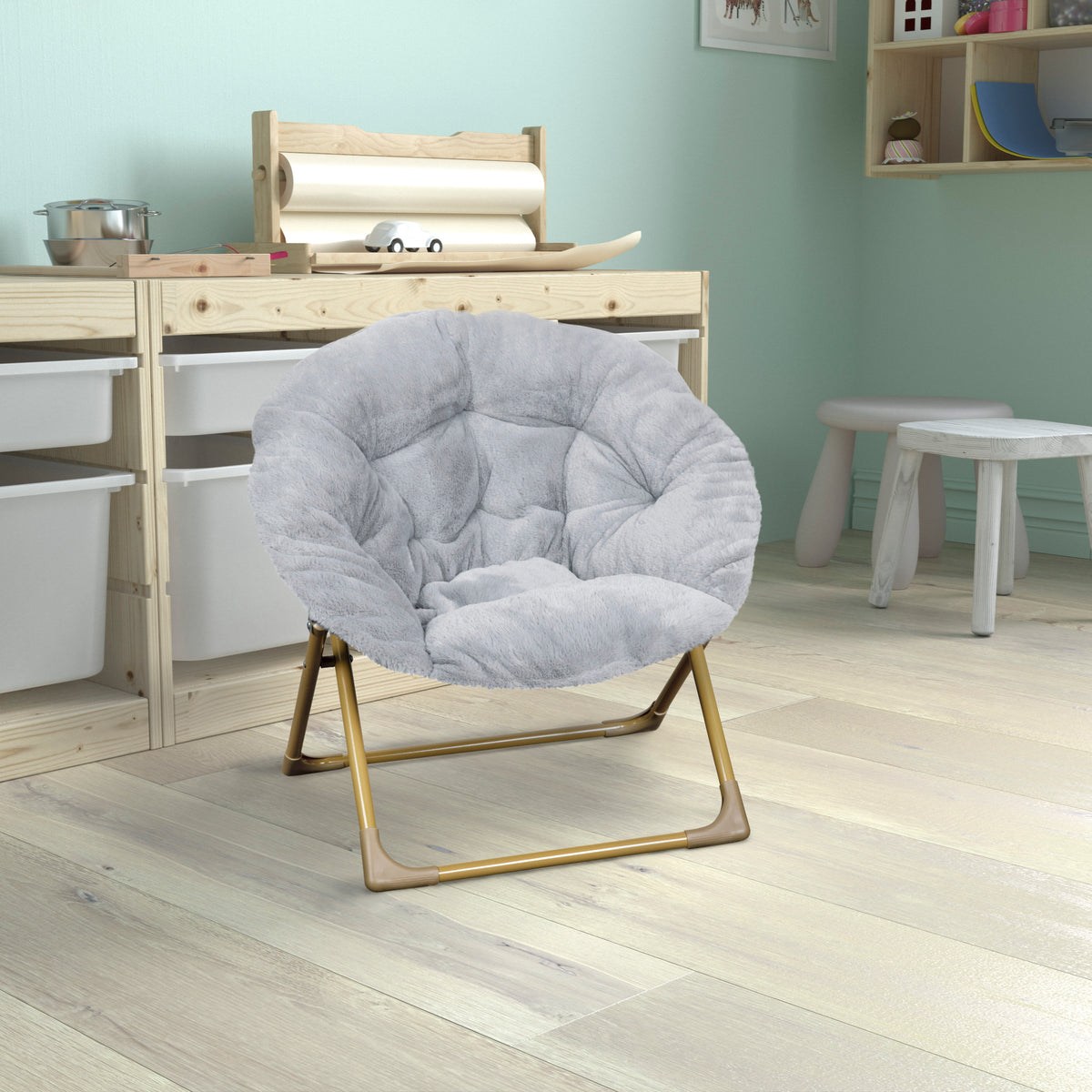 Gwen 23" Kids Cozy Mini Folding Saucer Chair, Faux Fur Moon Chair for Toddlers and Bedroom