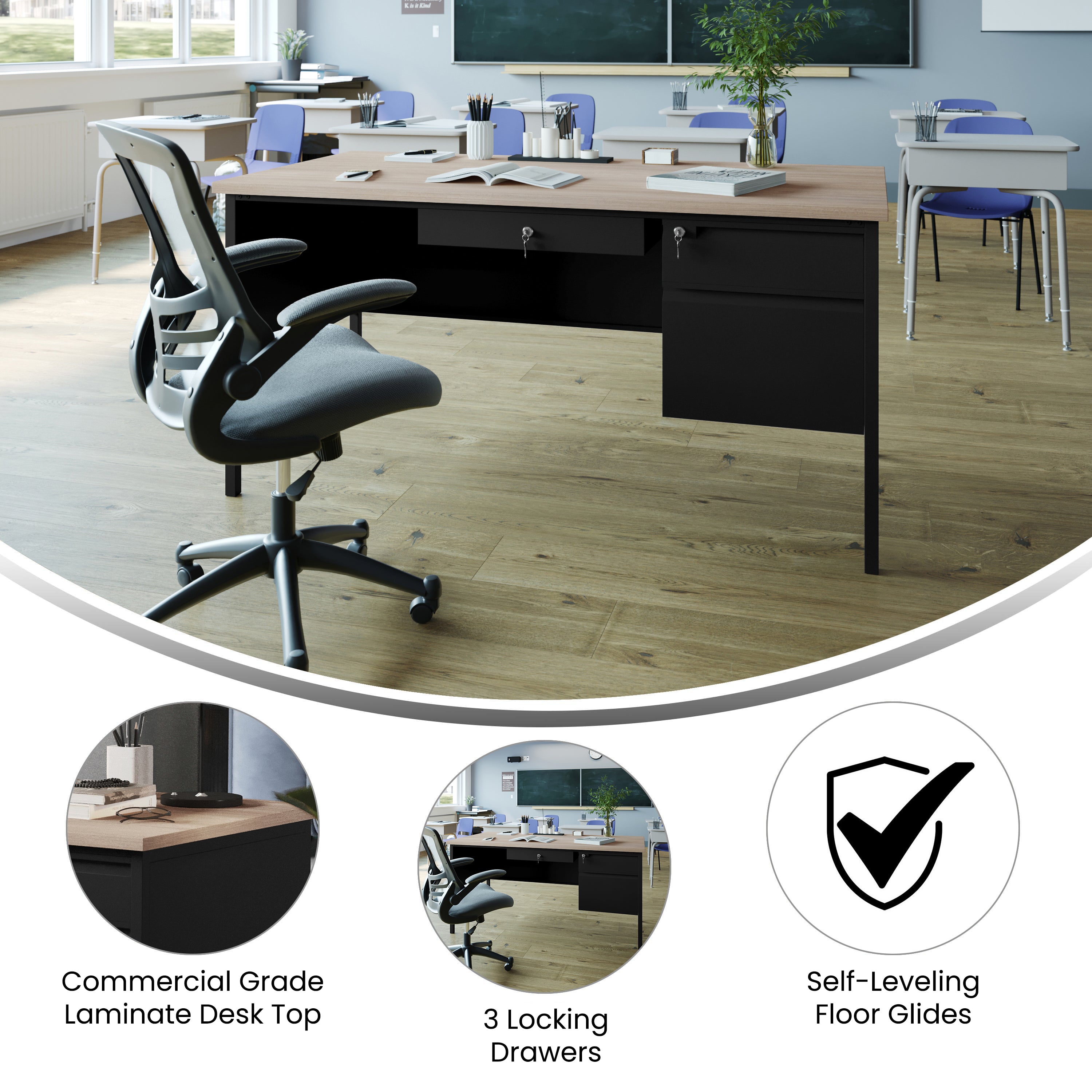 Cambridge Single Pedestal Desk with Locking Drawers and Metal Frame