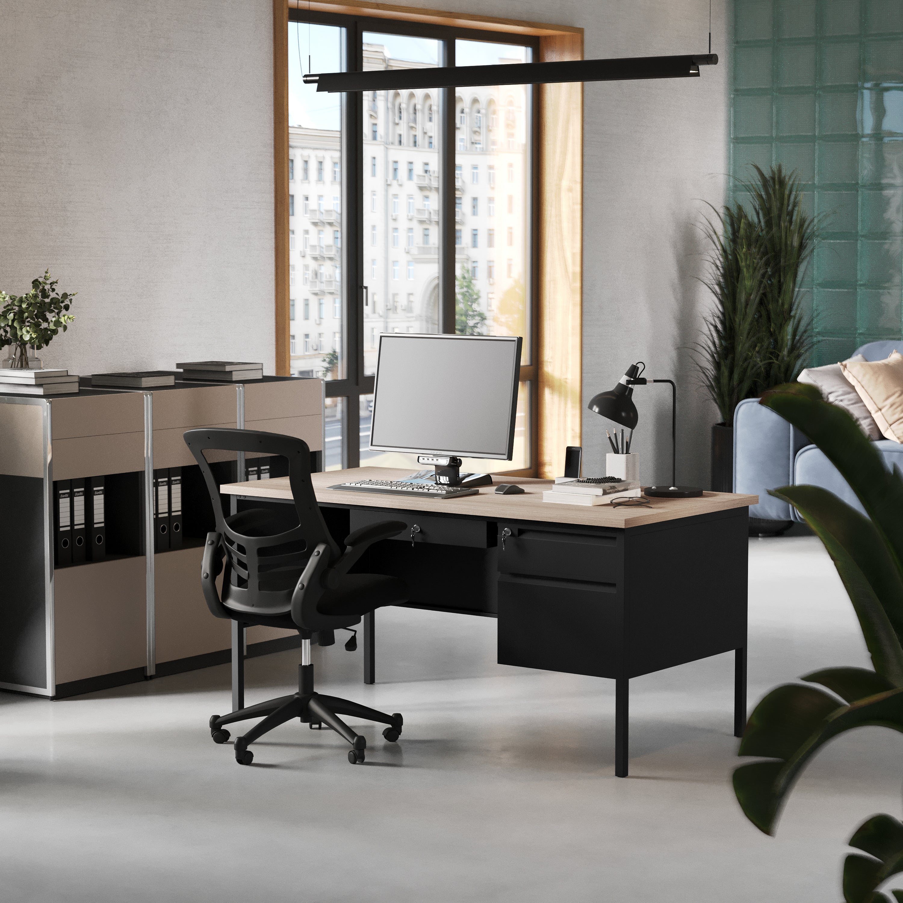 Cambridge Single Pedestal Desk with Locking Drawers and Metal Frame