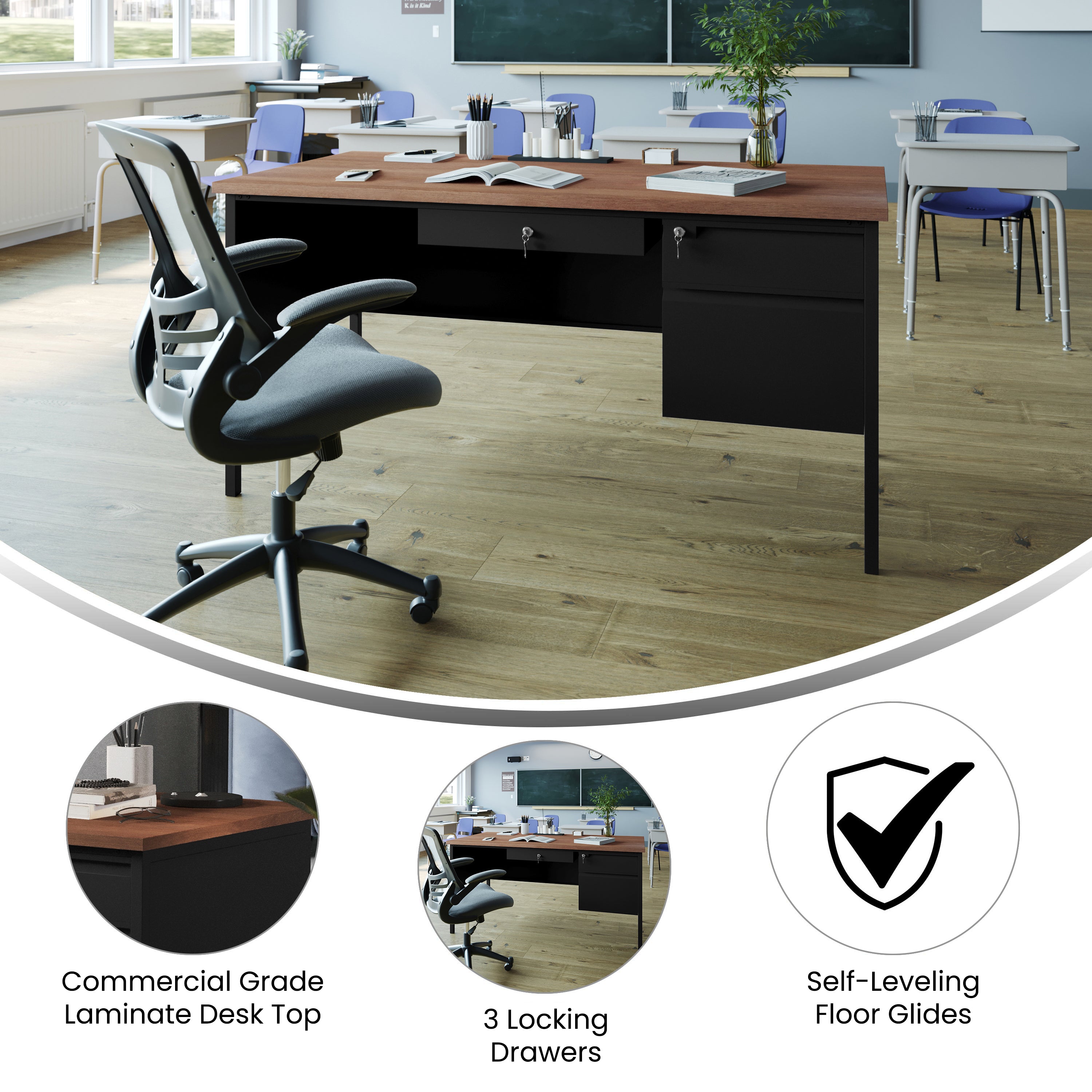 Cambridge Single Pedestal Desk with Locking Drawers and Metal Frame