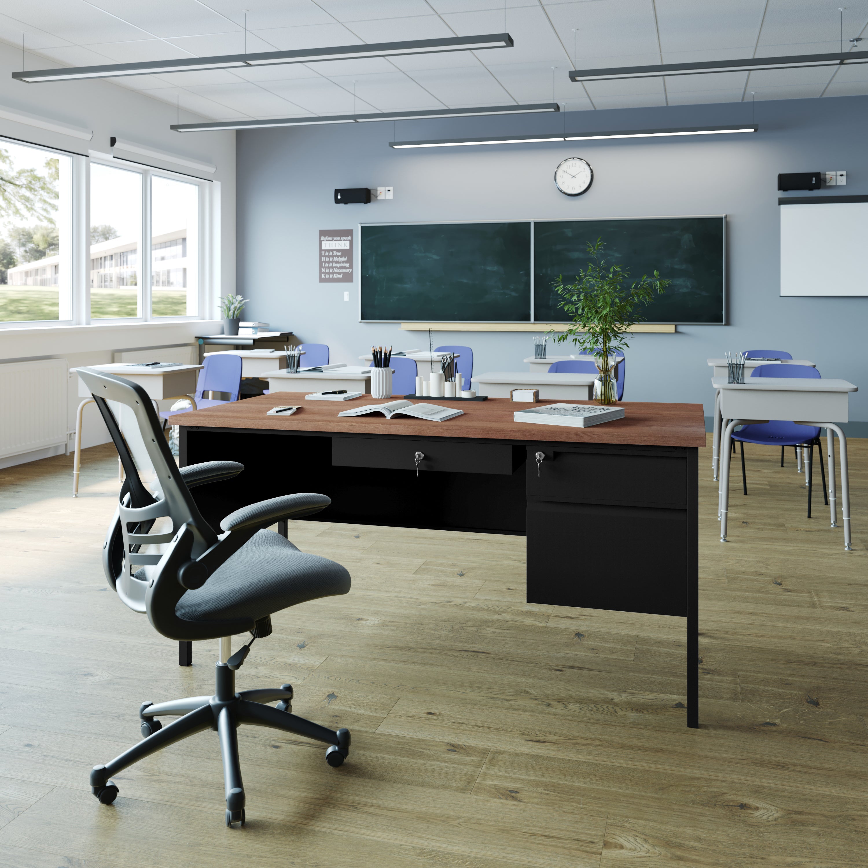 Cambridge Single Pedestal Desk with Locking Drawers and Metal Frame