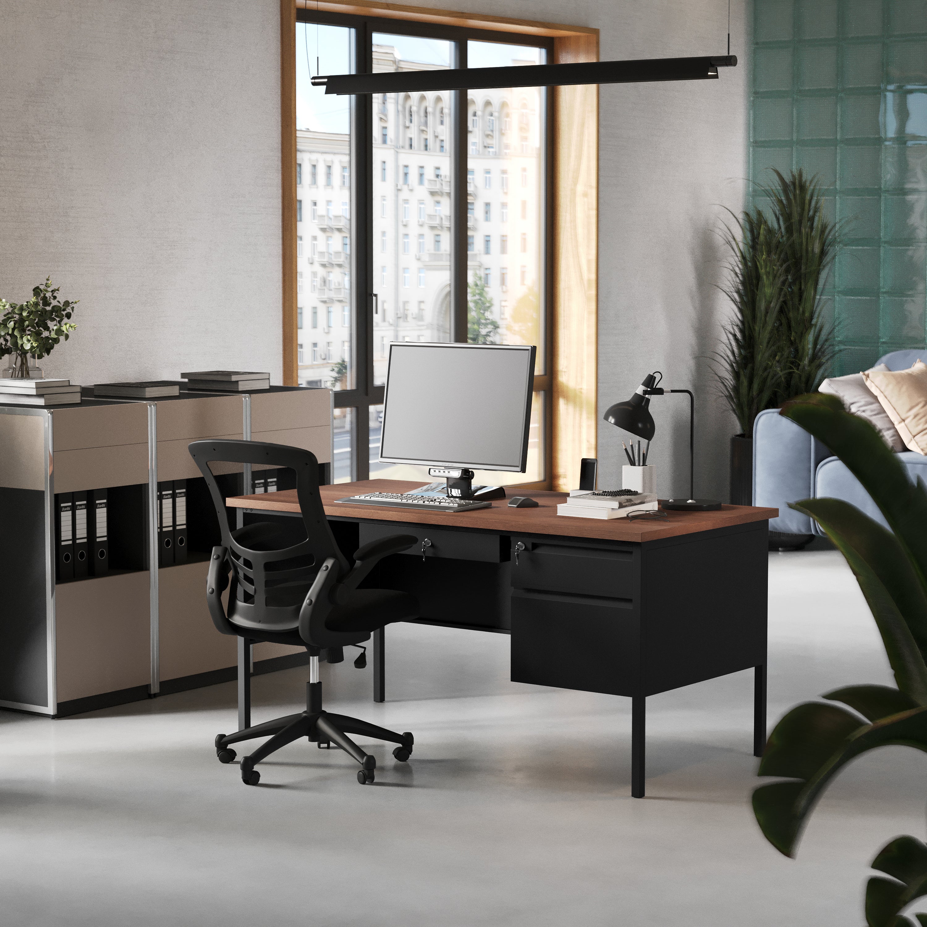 Cambridge Single Pedestal Desk with Locking Drawers and Metal Frame