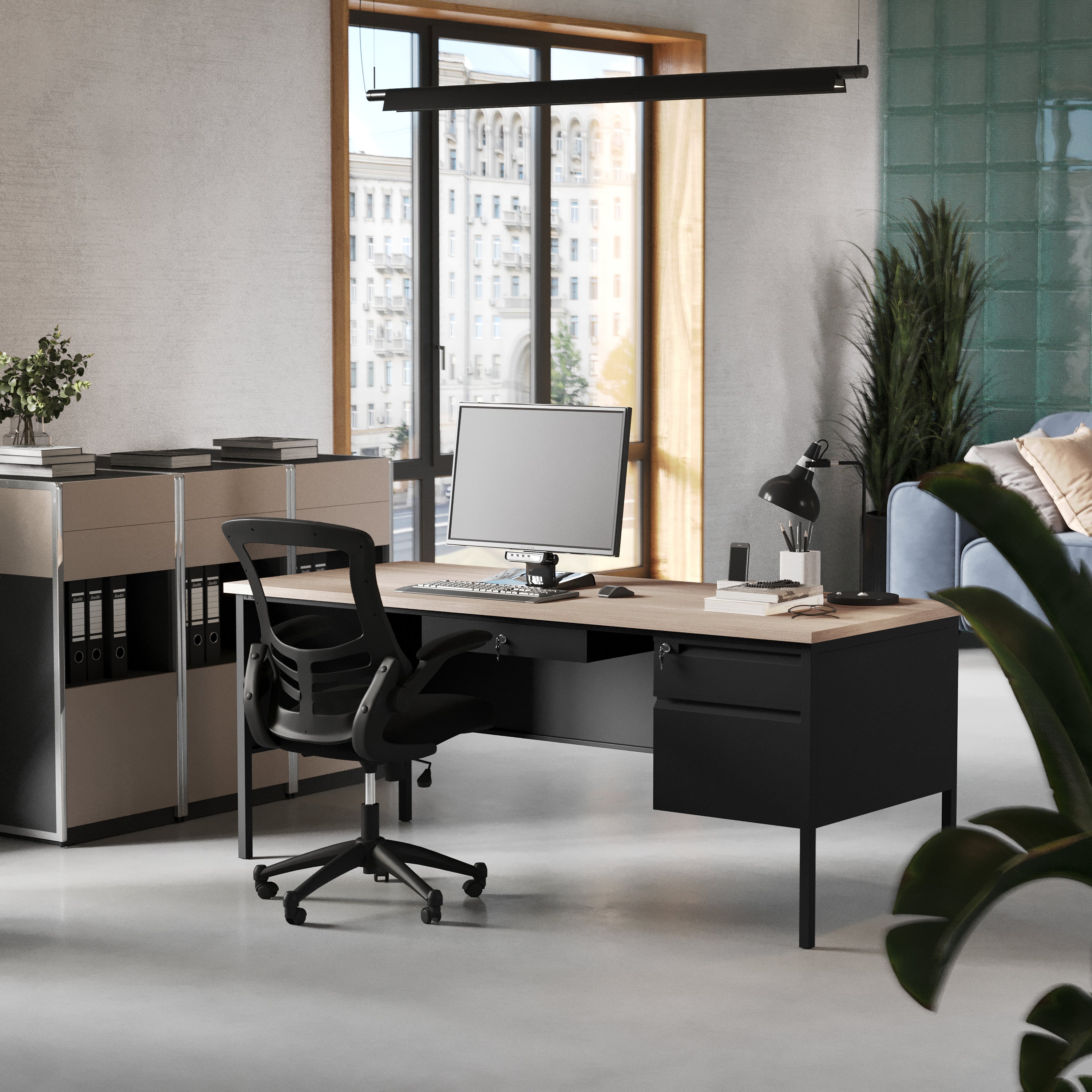Cambridge Single Pedestal Desk with Locking Drawers and Metal Frame