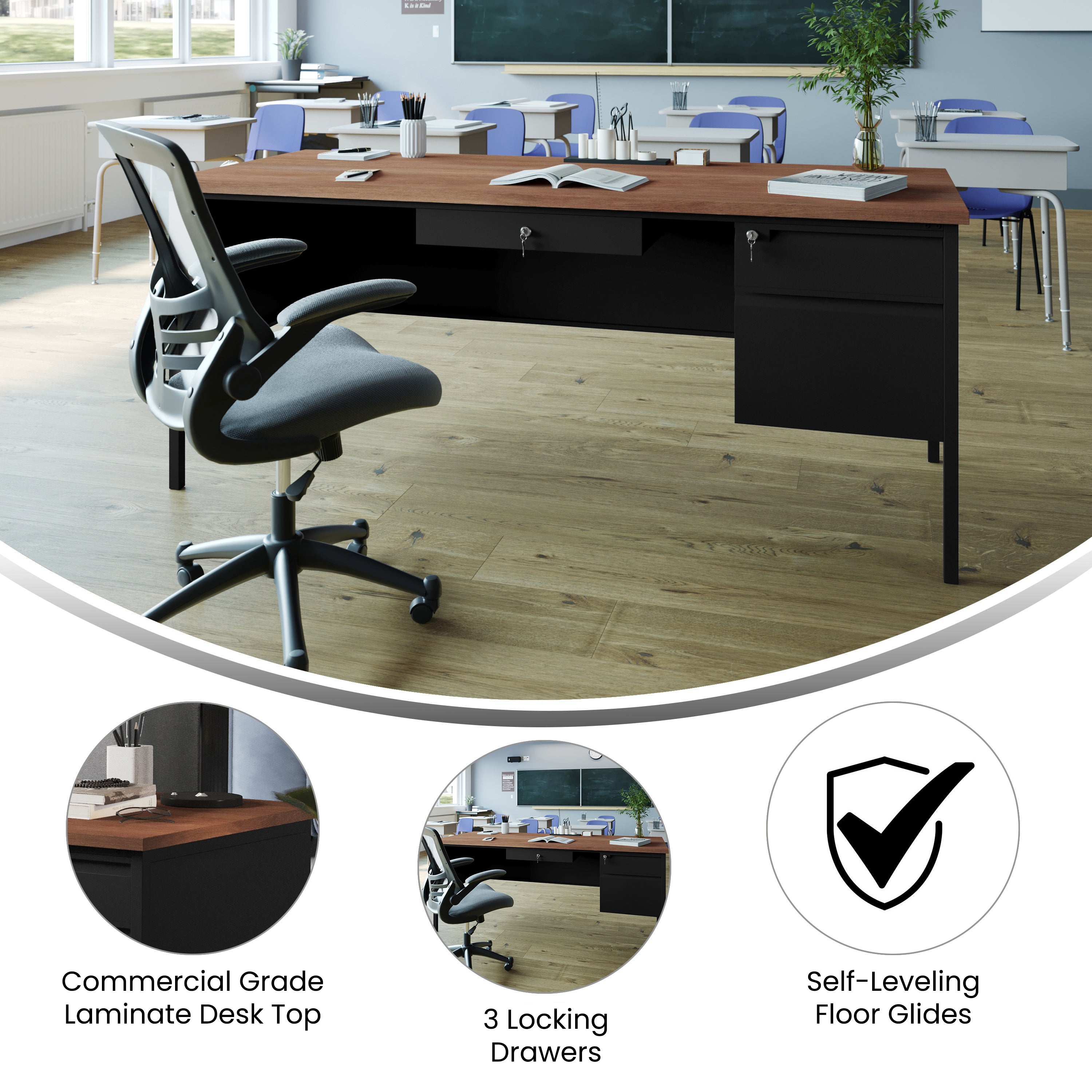 Cambridge Single Pedestal Desk with Locking Drawers and Metal Frame