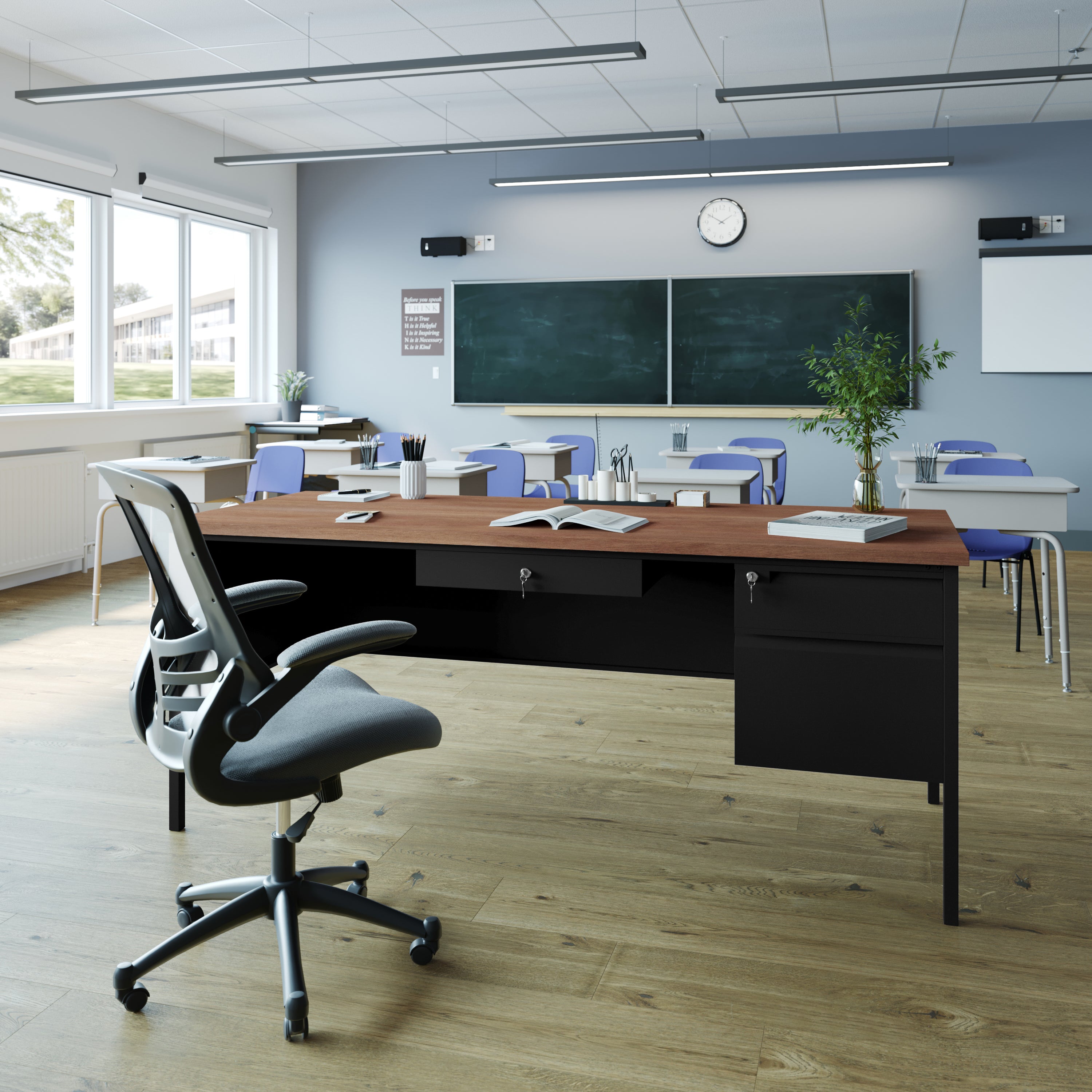 Cambridge Single Pedestal Desk with Locking Drawers and Metal Frame