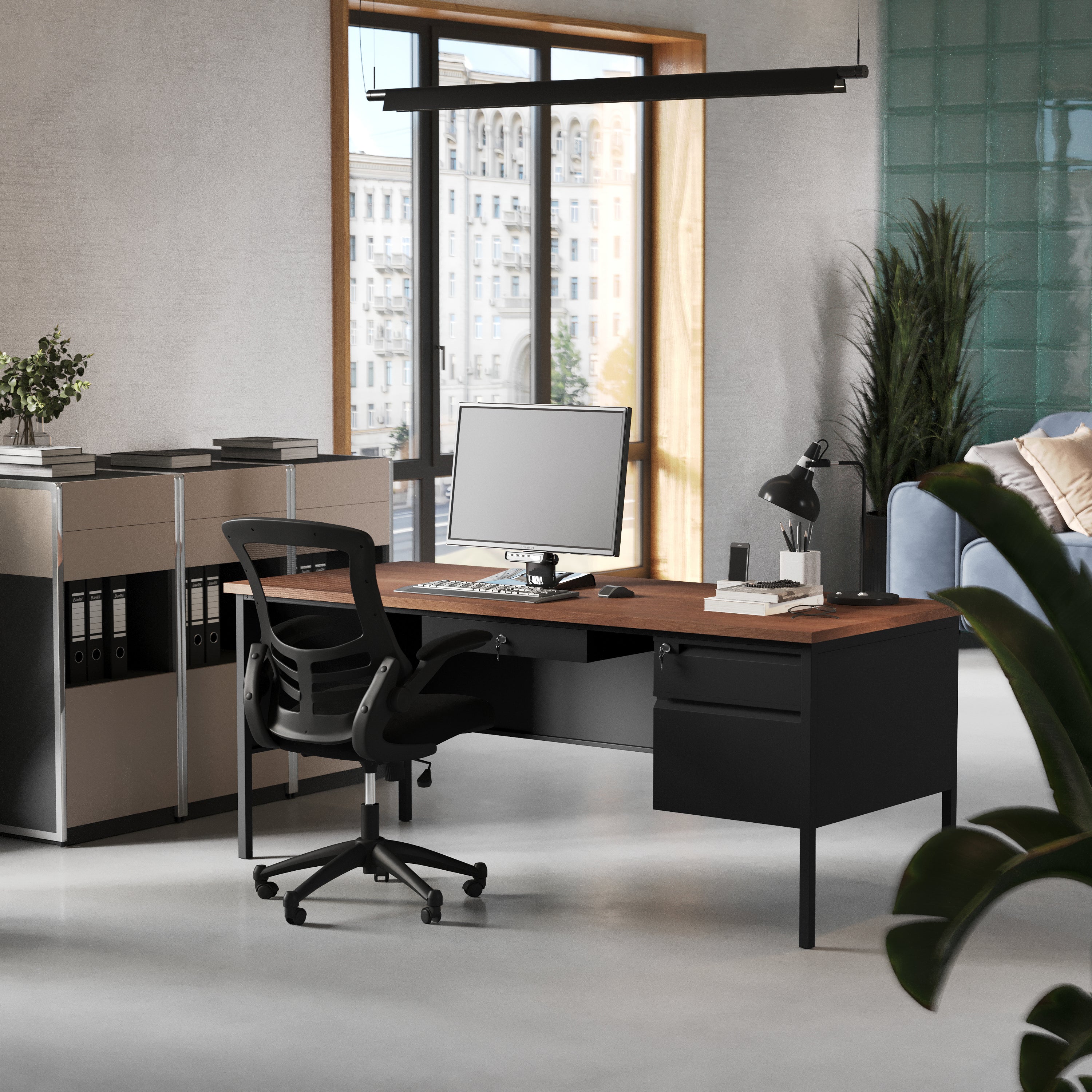 Cambridge Single Pedestal Desk with Locking Drawers and Metal Frame