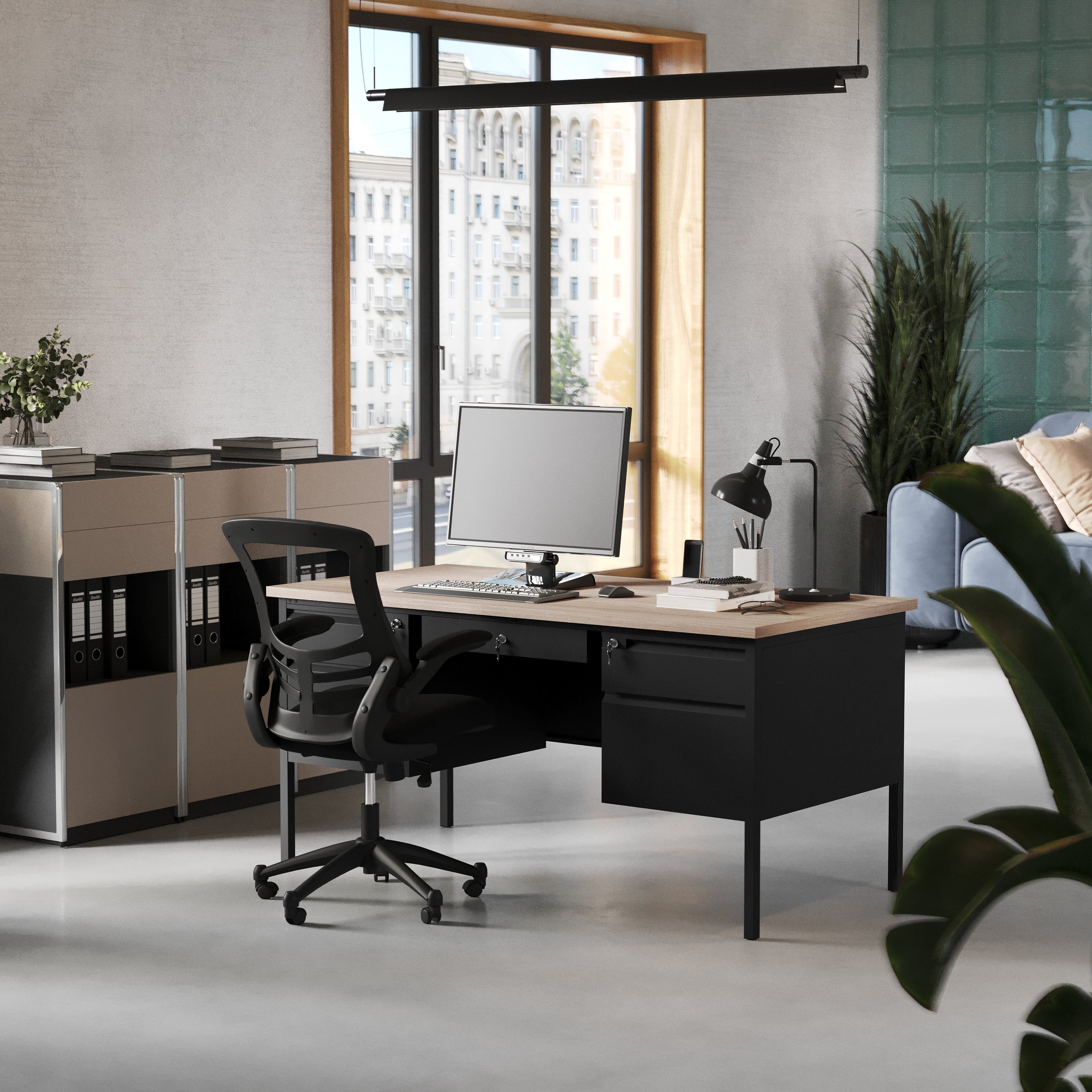 Cambridge Double Pedestal Desk with Locking Drawers and Metal Frame