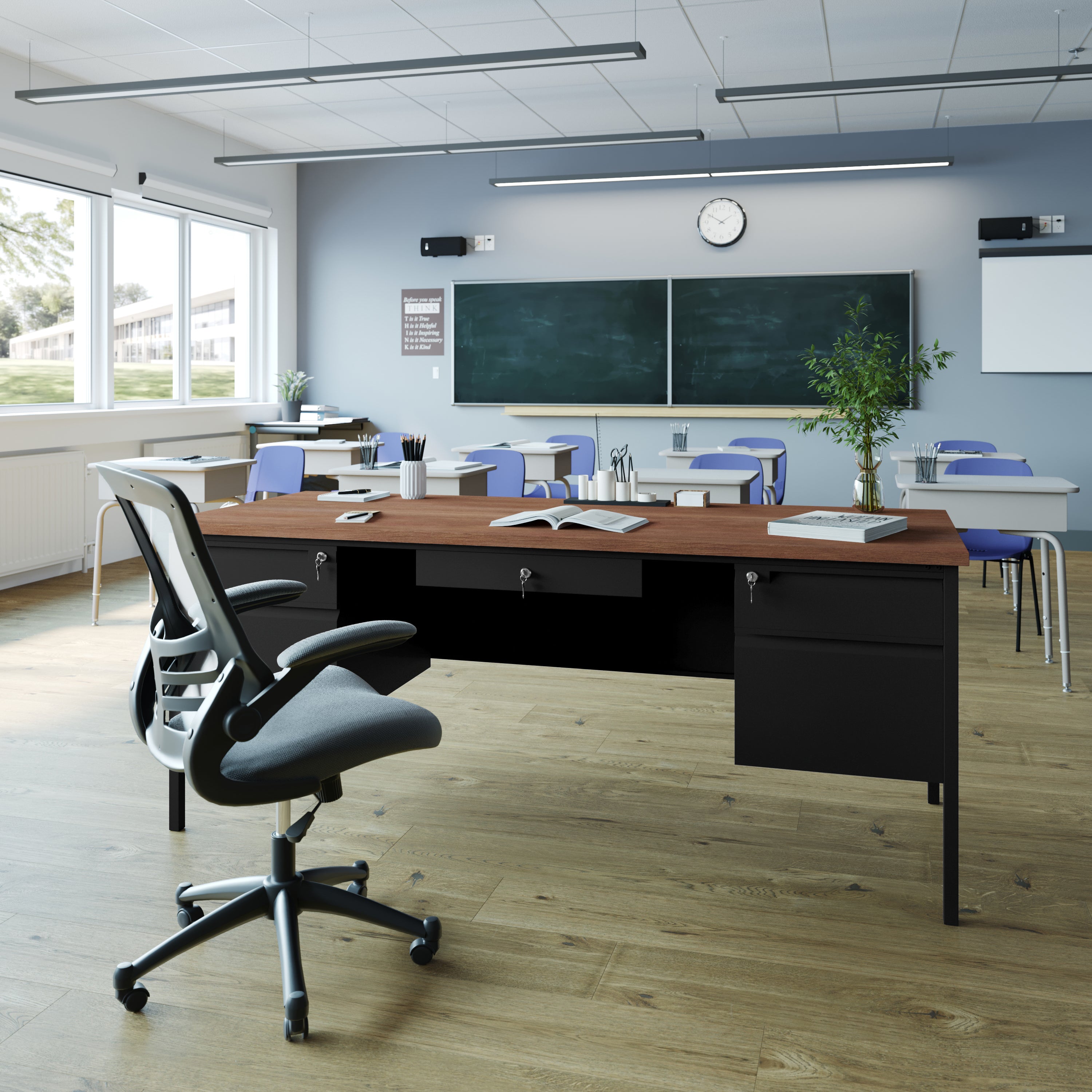 Cambridge Double Pedestal Desk with Locking Drawers and Metal Frame
