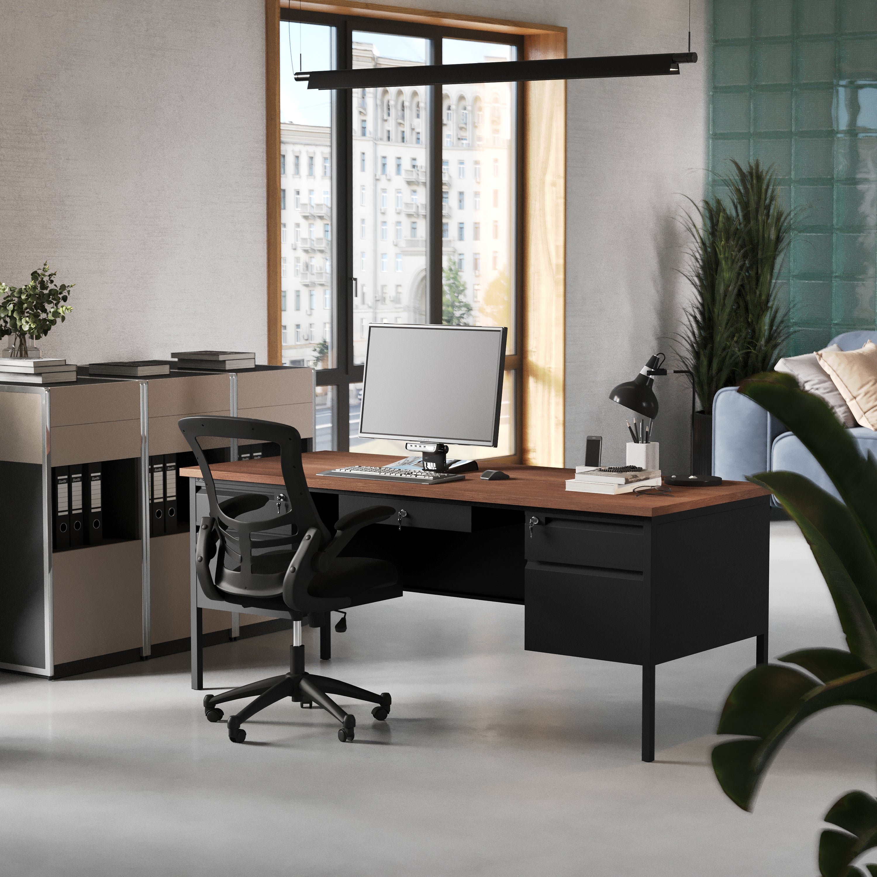 Cambridge Double Pedestal Desk with Locking Drawers and Metal Frame