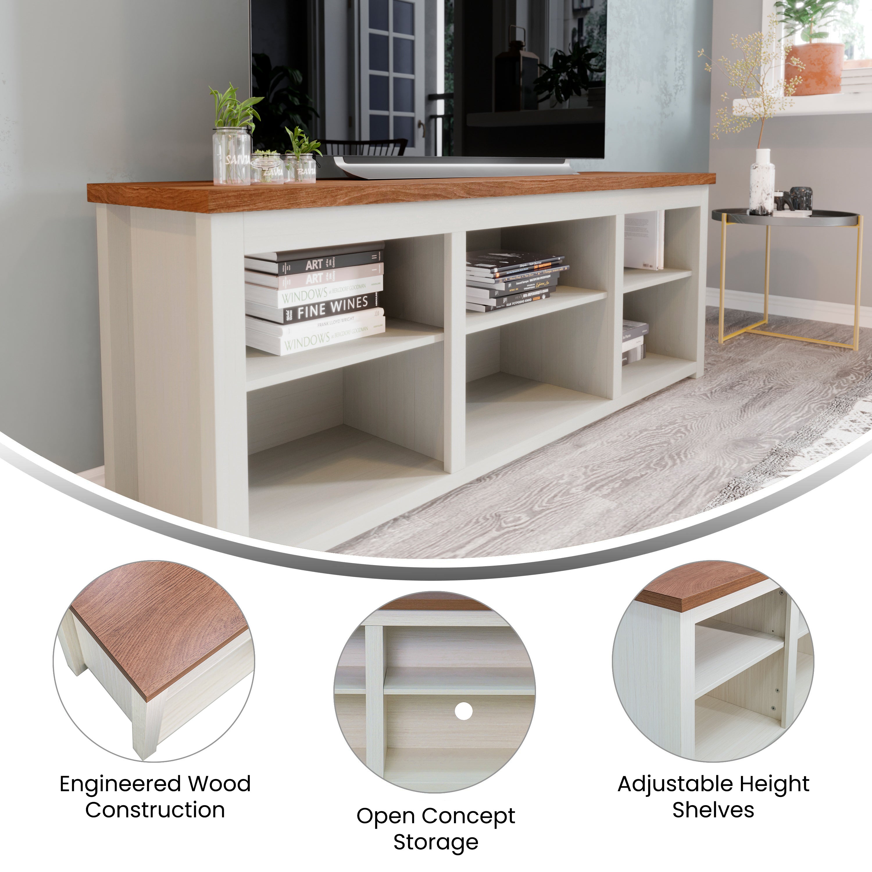Kilead Farmhouse TV Stand for up to 80" TVs - 65" Engineered Wood Framed Media Console with Open Storage
