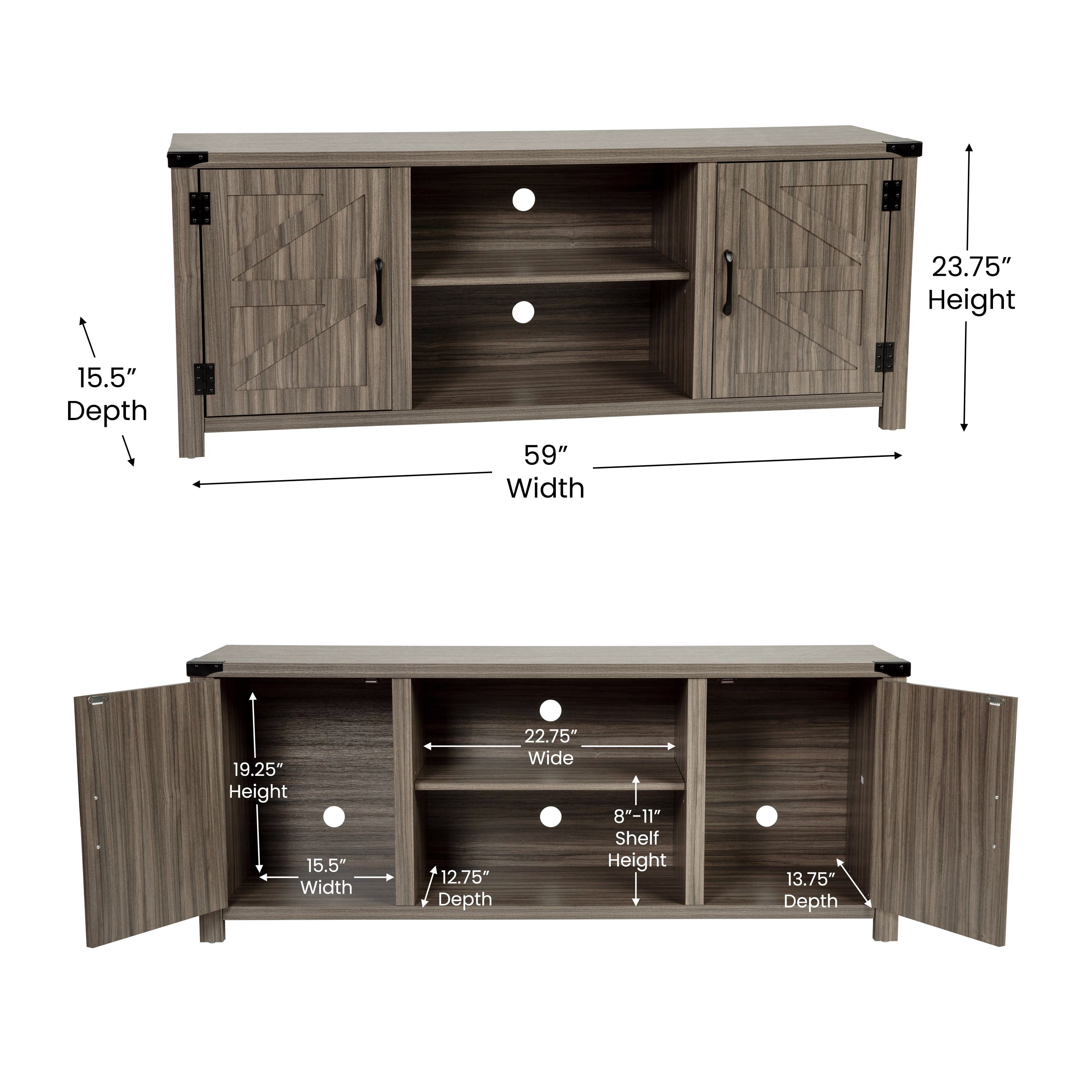 Charlotte Modern Farmhouse Barn Door TV Stand for TV's up to 65 Inches - 59 Inch Industrial Entertainment Center with Adjustable Shelf