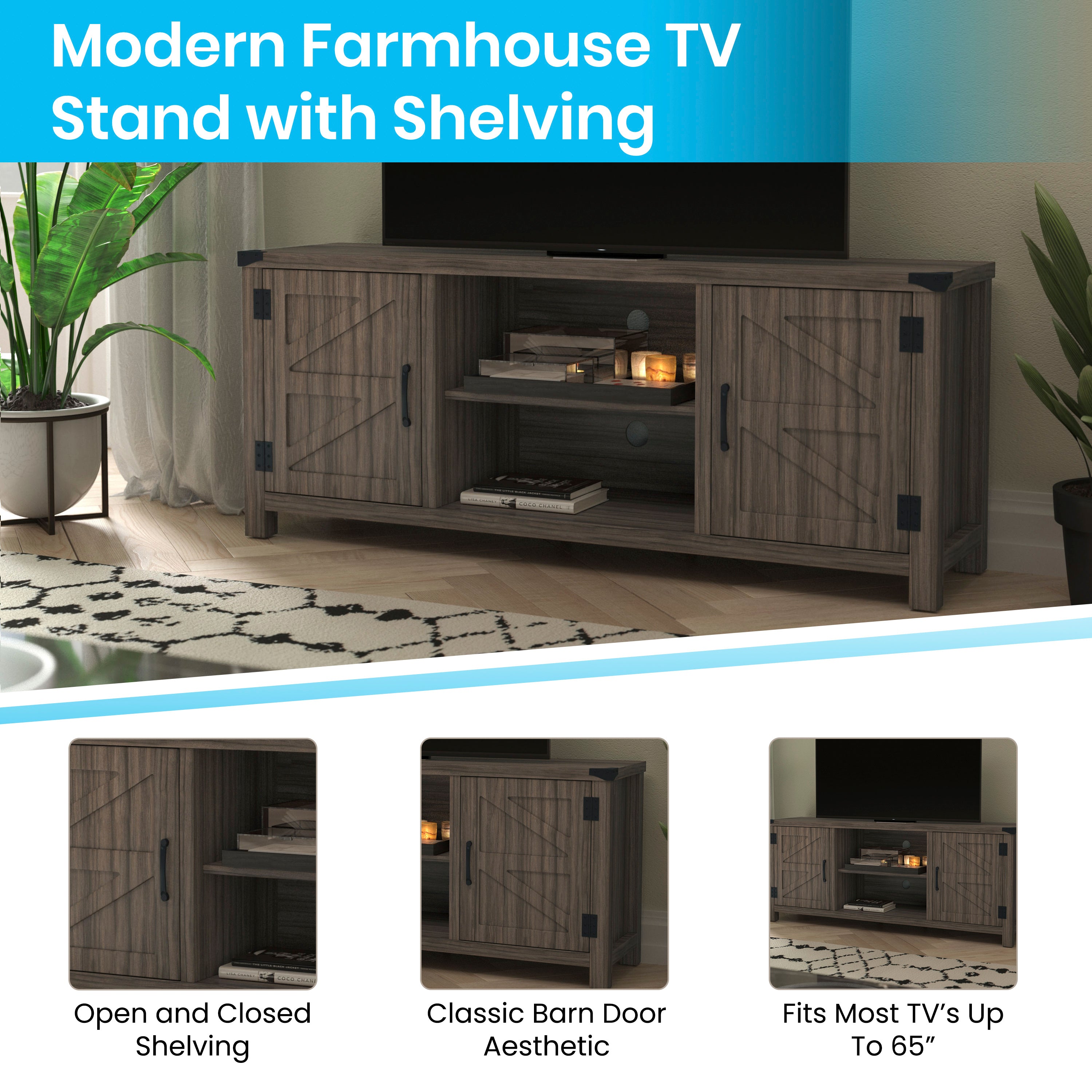 Charlotte Modern Farmhouse Barn Door TV Stand for TV's up to 65 Inches - 59 Inch Industrial Entertainment Center with Adjustable Shelf