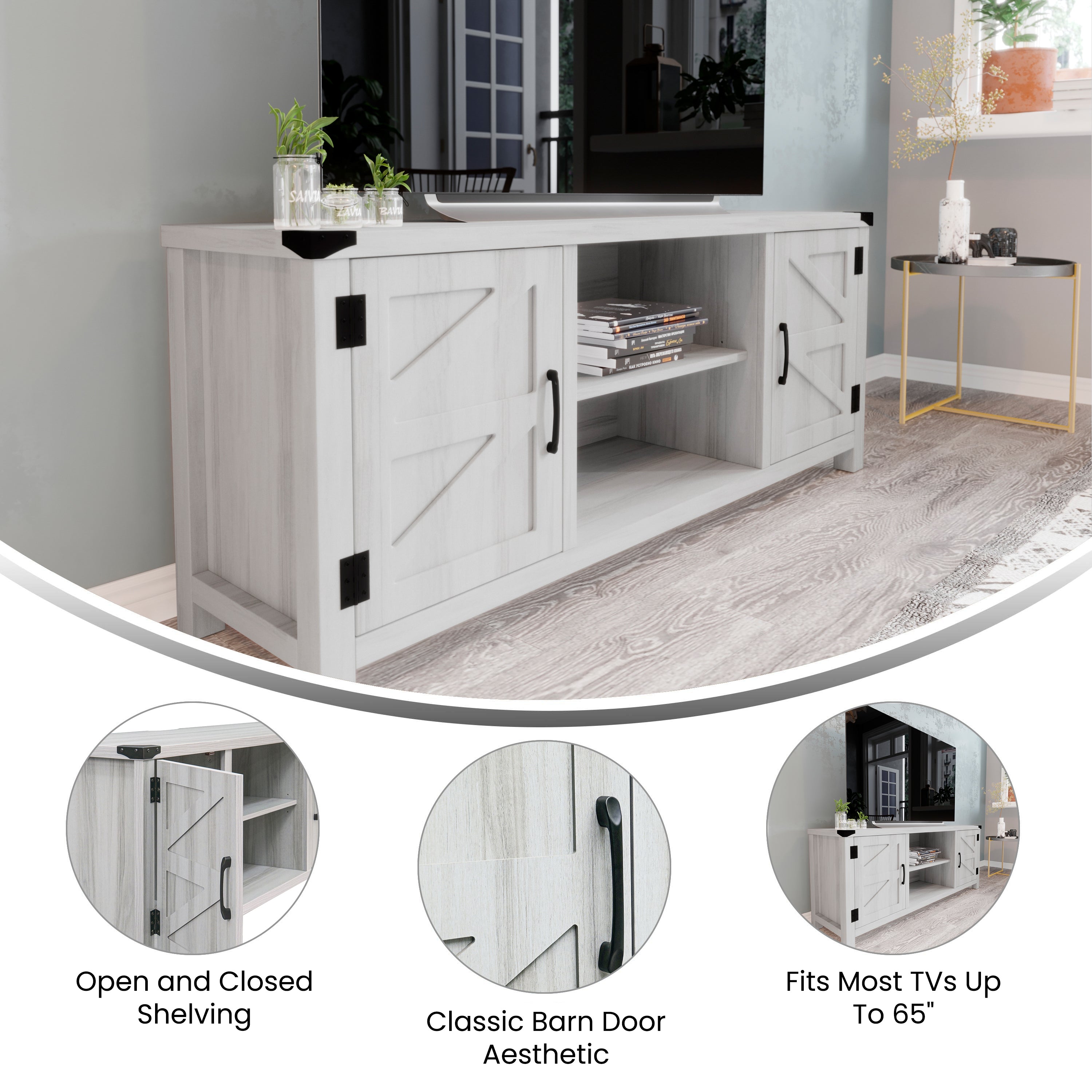 Charlotte Modern Farmhouse Barn Door TV Stand for TV's up to 65 Inches - 59 Inch Industrial Entertainment Center with Adjustable Shelf