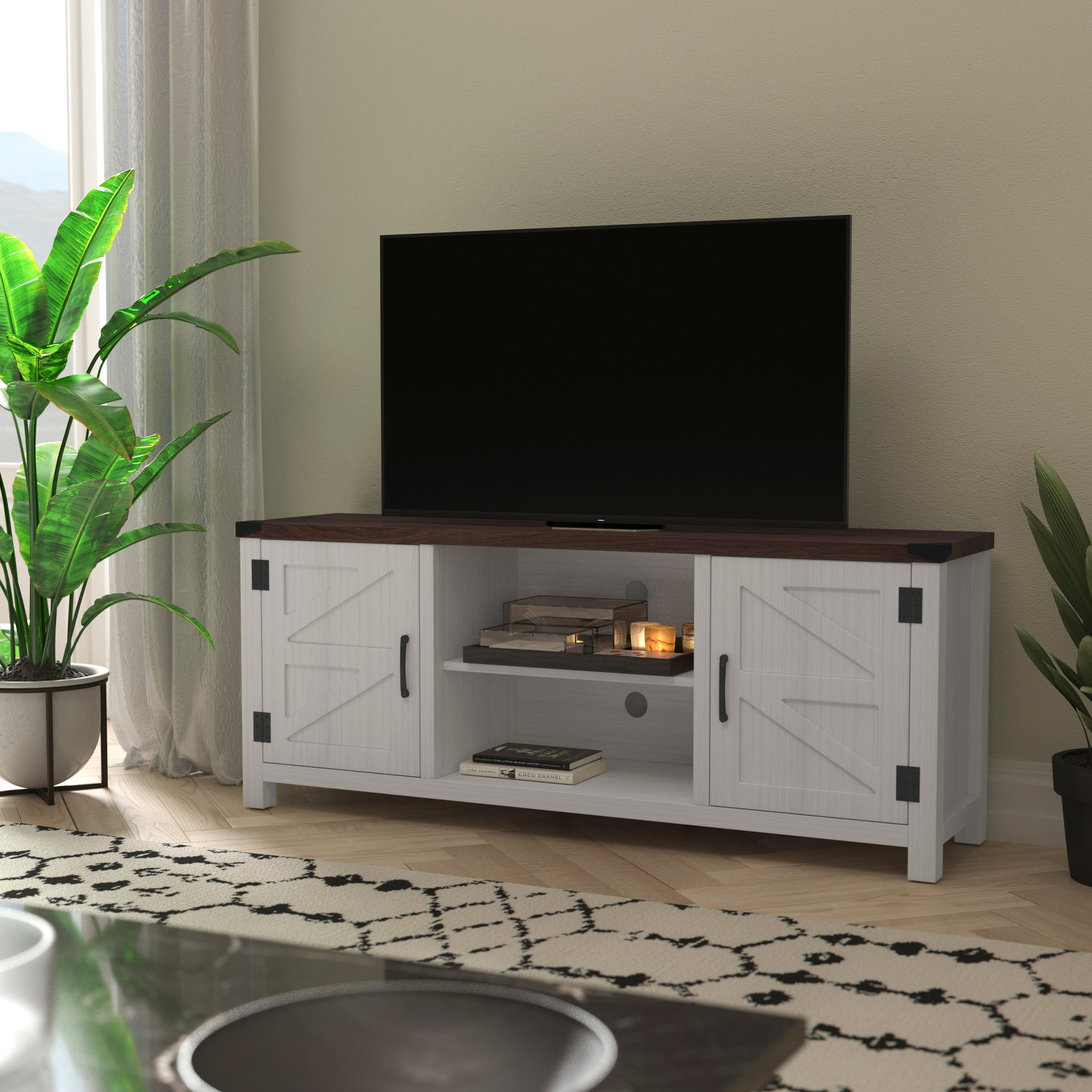 Charlotte Modern Farmhouse Barn Door TV Stand for TV's up to 65 Inches - 59 Inch Industrial Entertainment Center with Adjustable Shelf