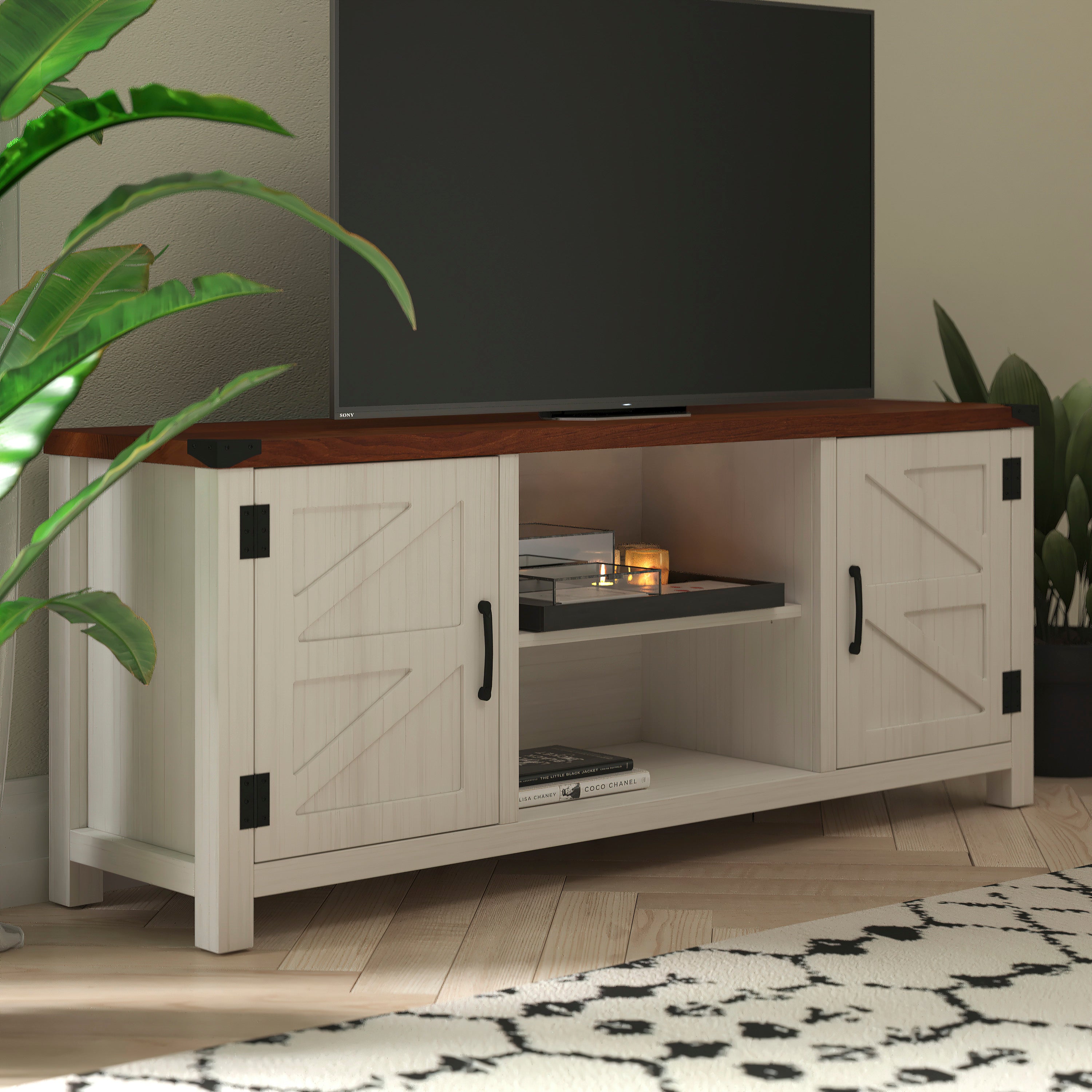 Charlotte Modern Farmhouse Barn Door TV Stand for TV's up to 65 Inches - 59 Inch Industrial Entertainment Center with Adjustable Shelf