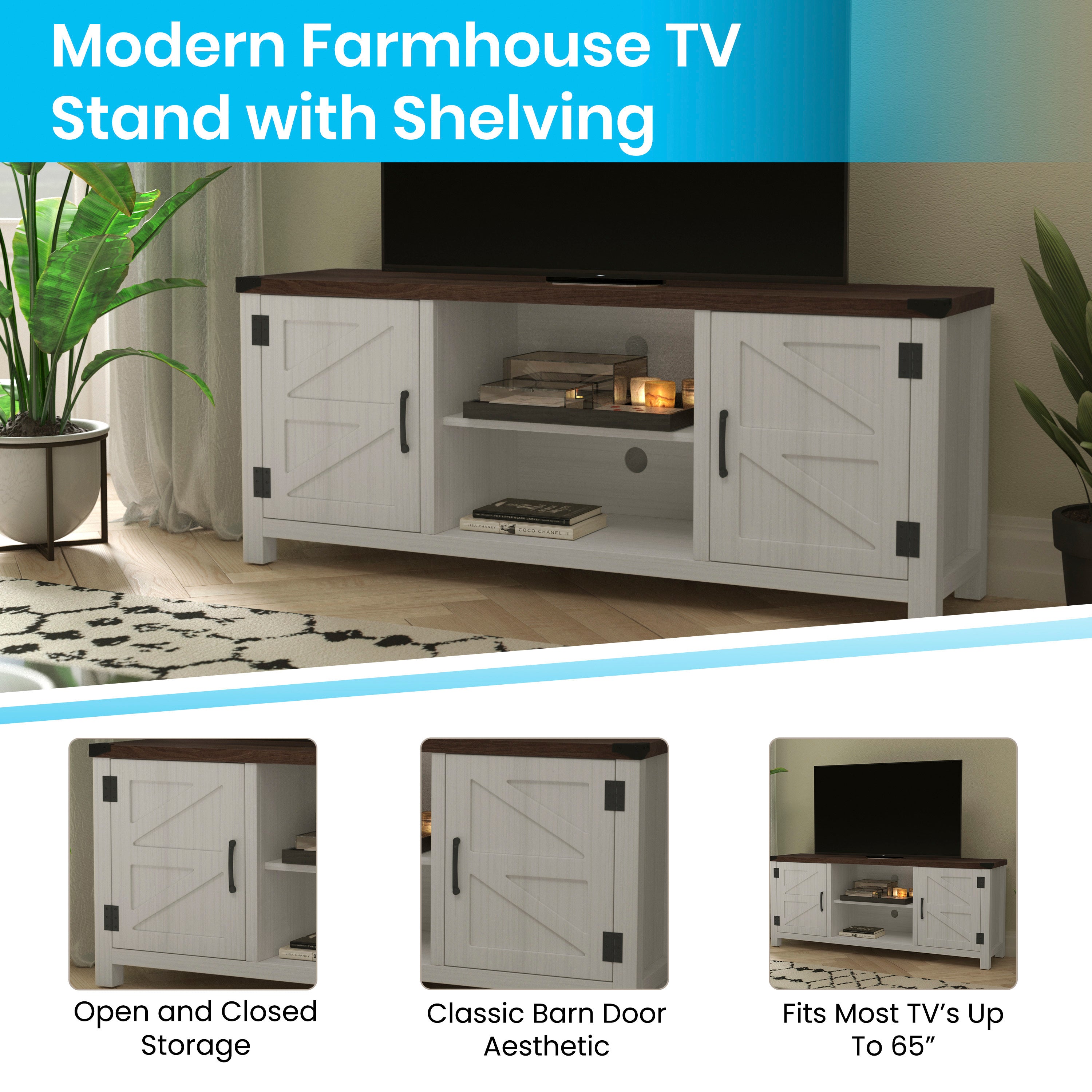 Charlotte Modern Farmhouse Barn Door TV Stand for TV's up to 65 Inches - 59 Inch Industrial Entertainment Center with Adjustable Shelf