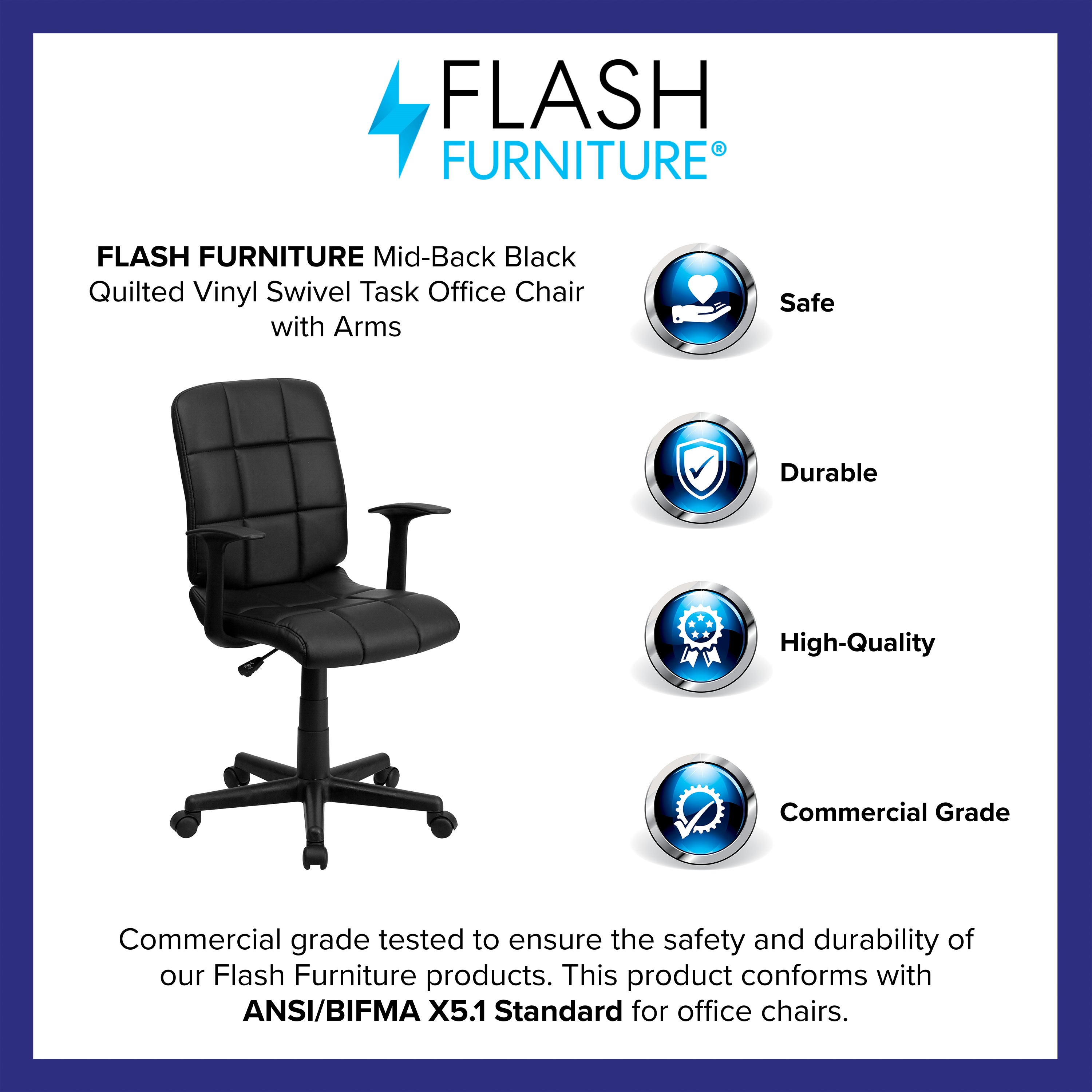 Mid-Back Quilted Vinyl Swivel Task Office Chair with Arms