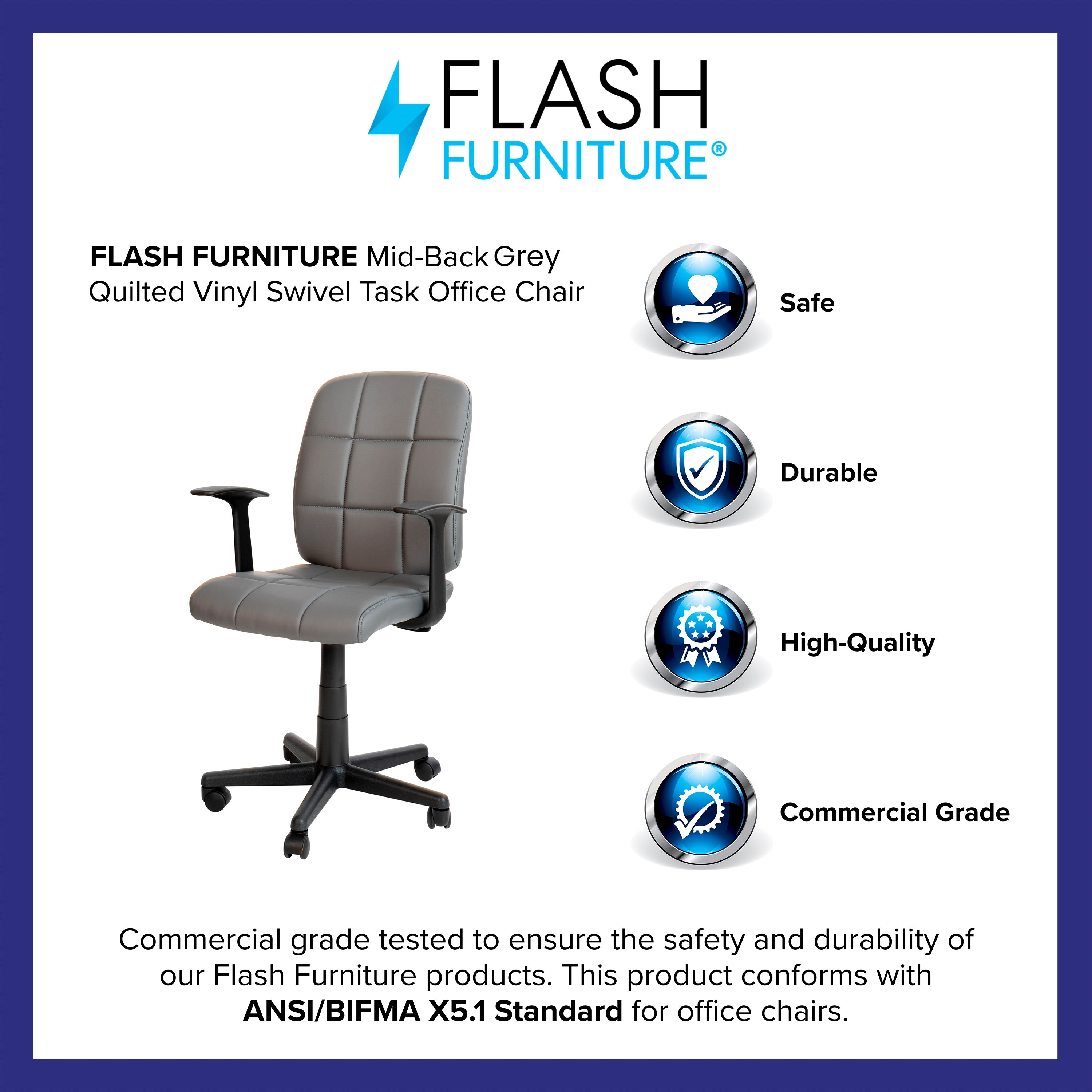 Mid-Back Quilted Vinyl Swivel Task Office Chair with Arms