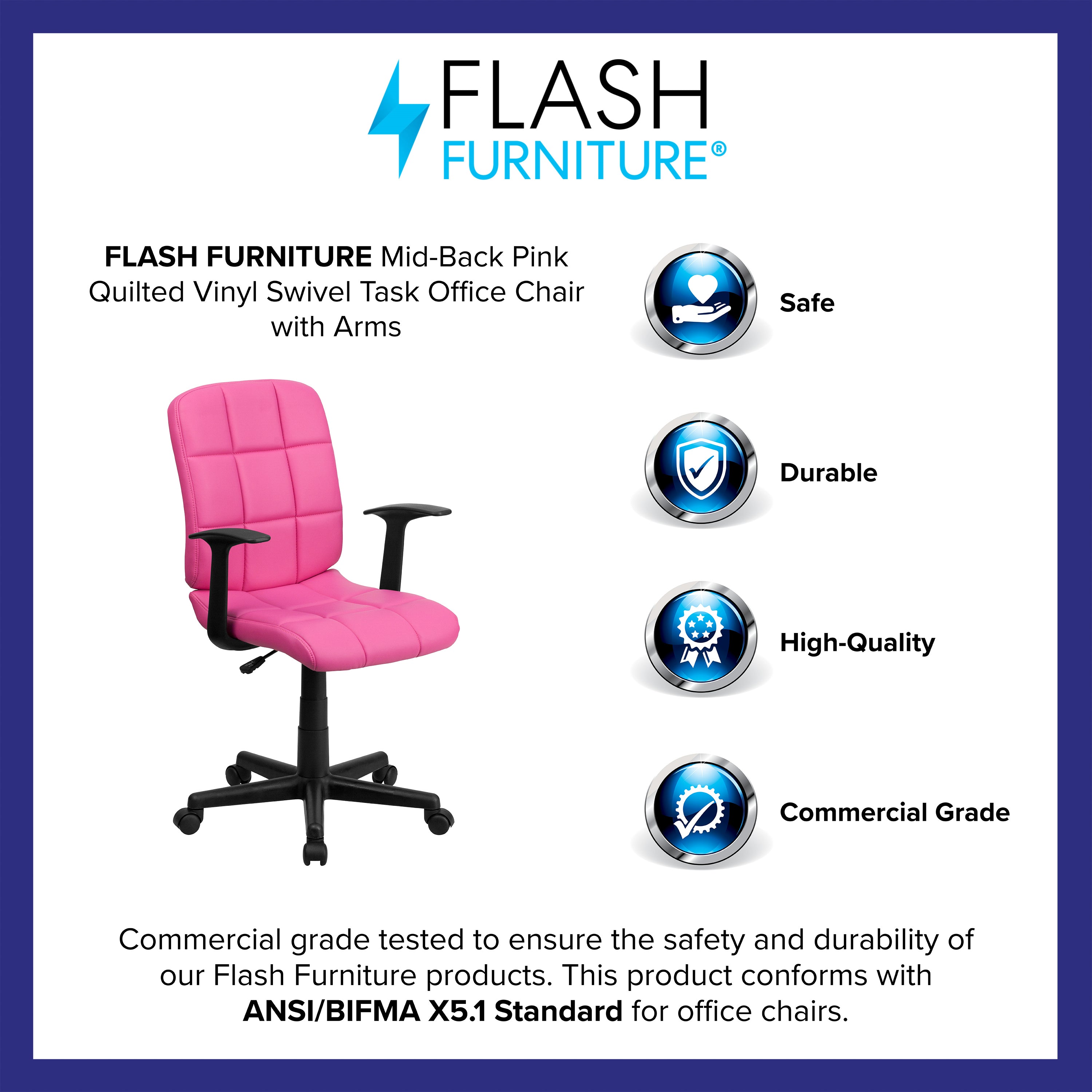 Mid-Back Quilted Vinyl Swivel Task Office Chair with Arms