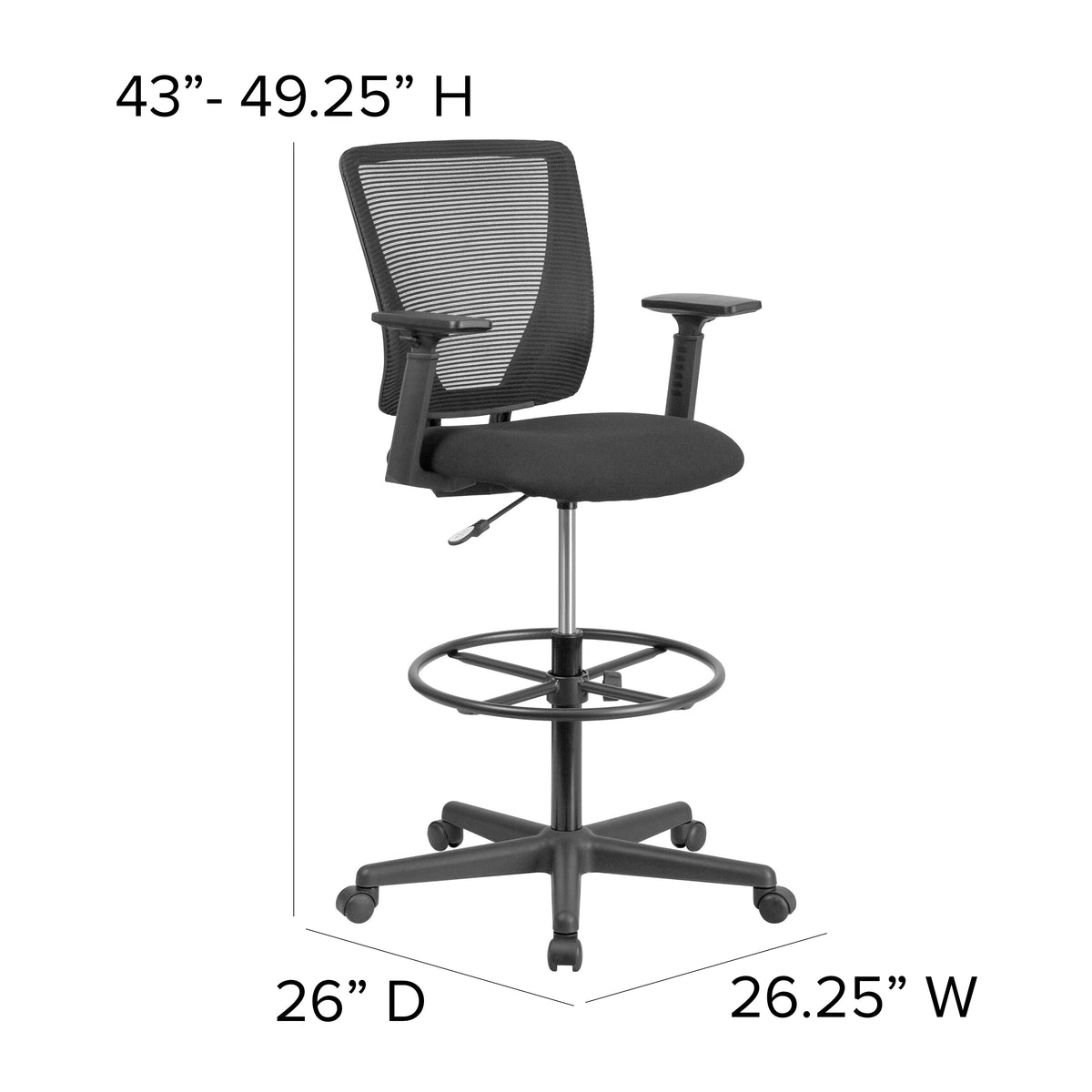 Ergonomic Mid-Back Mesh Drafting Chair with Fabric Seat, Adjustable Foot Ring and Arms
