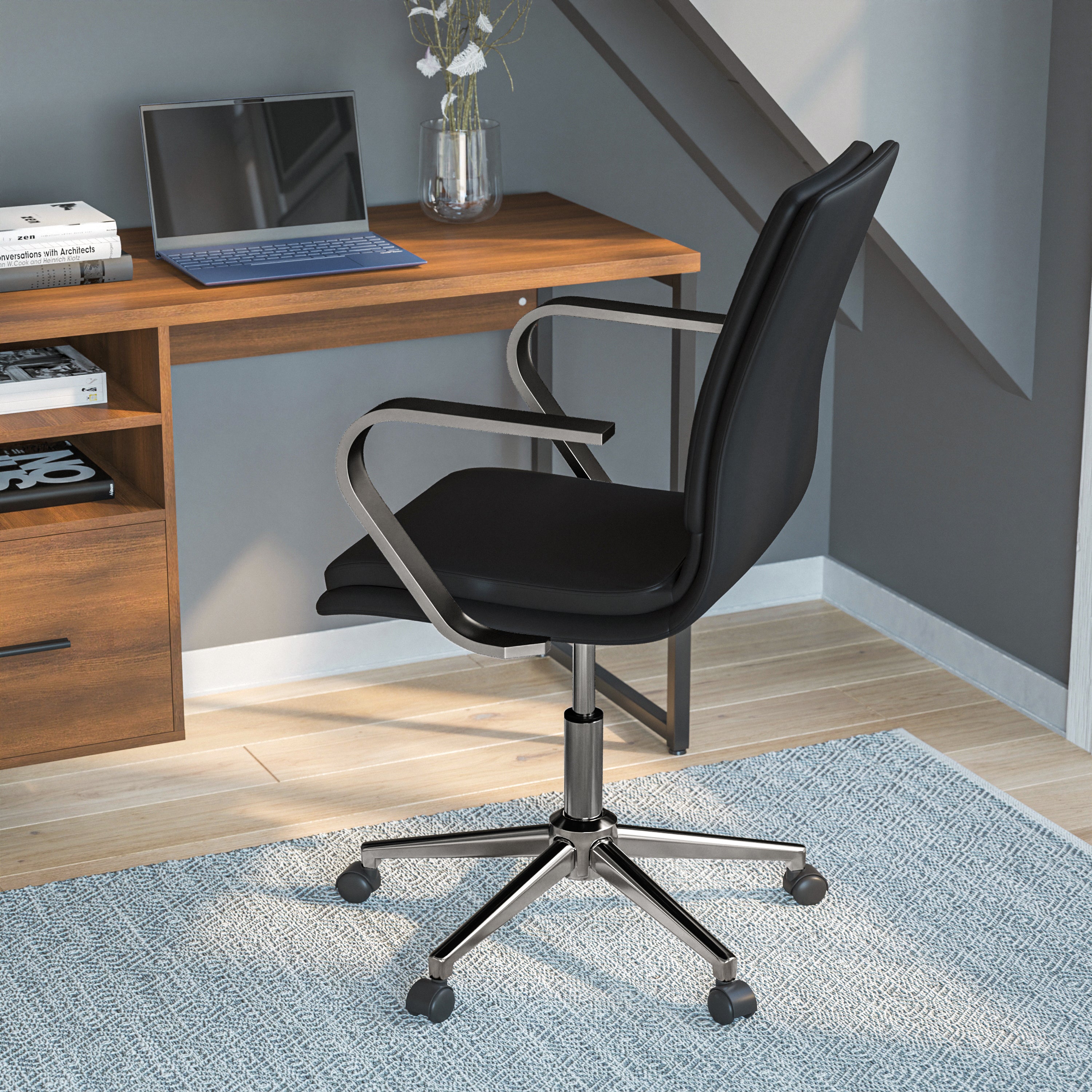James Mid-Back Designer Executive Upholstered Office Chair with Brushed Metal Base and Arms