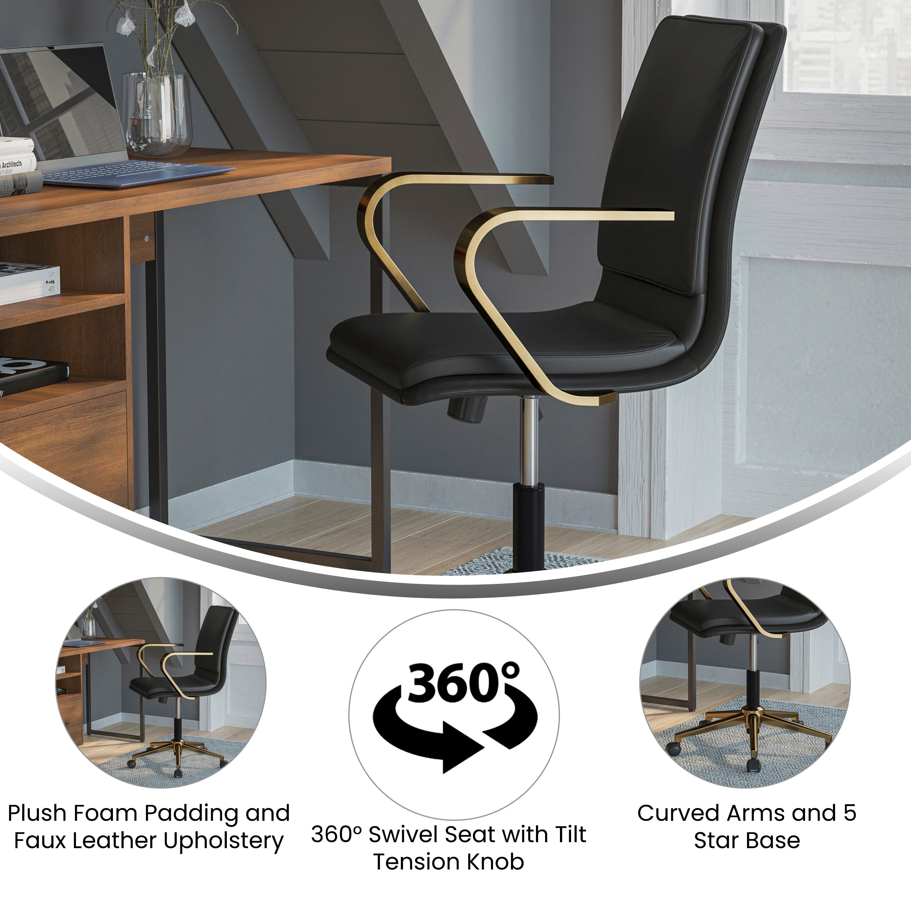 James Mid-Back Designer Executive Upholstered Office Chair with Brushed Metal Base and Arms