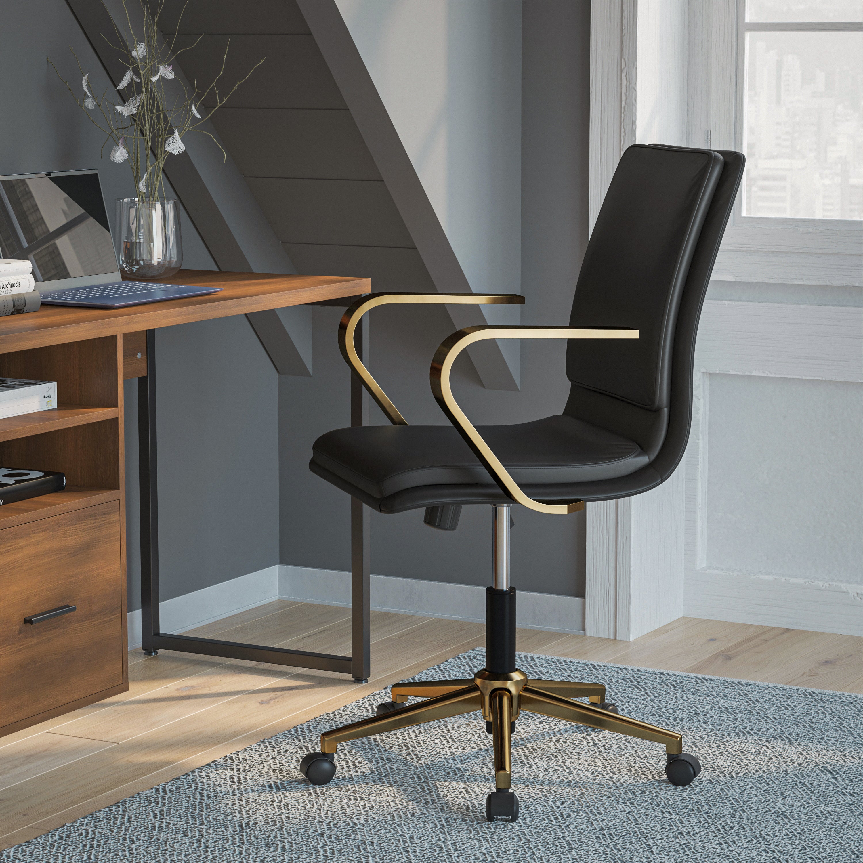 James Mid-Back Designer Executive Upholstered Office Chair with Brushed Metal Base and Arms