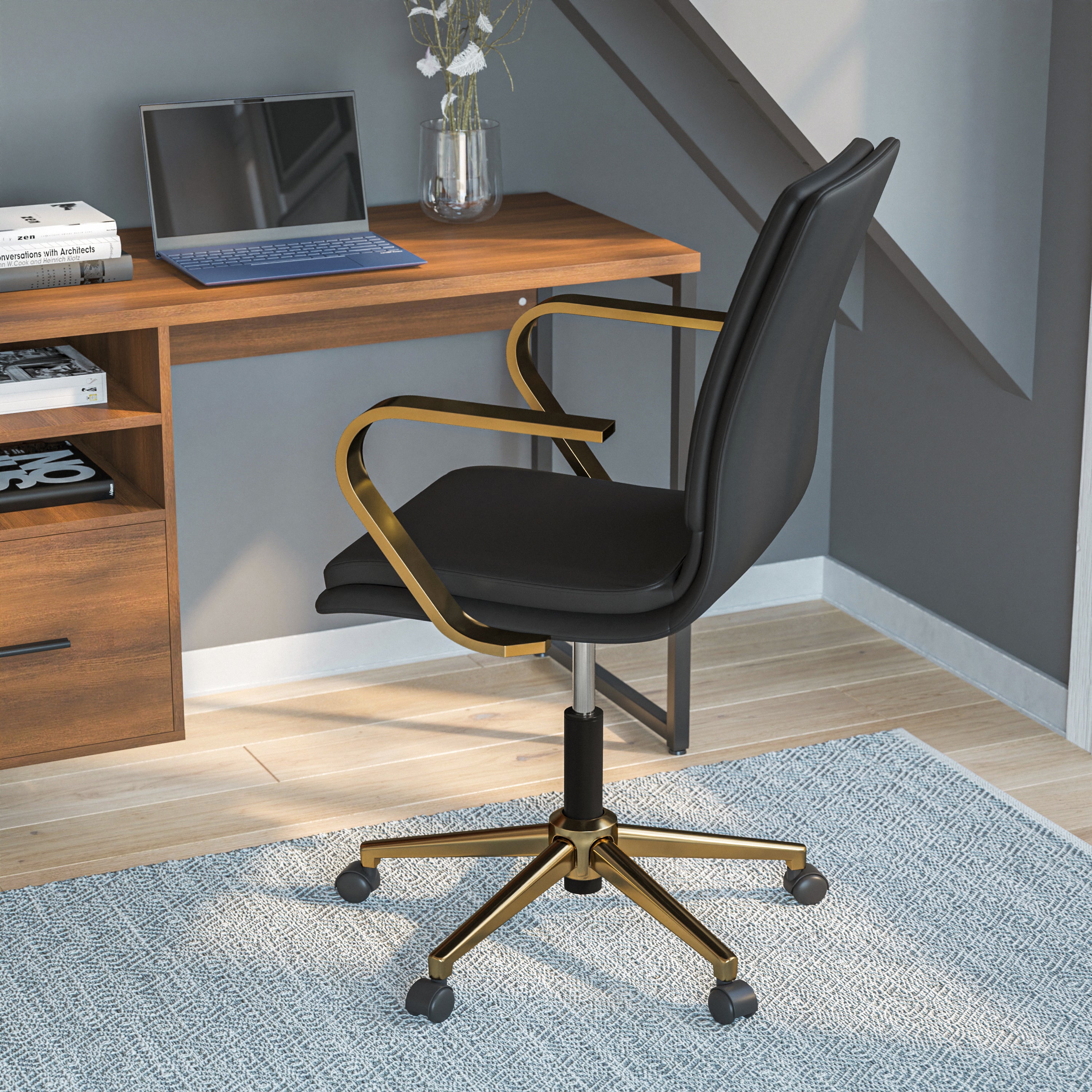 James Mid-Back Designer Executive Upholstered Office Chair with Brushed Metal Base and Arms