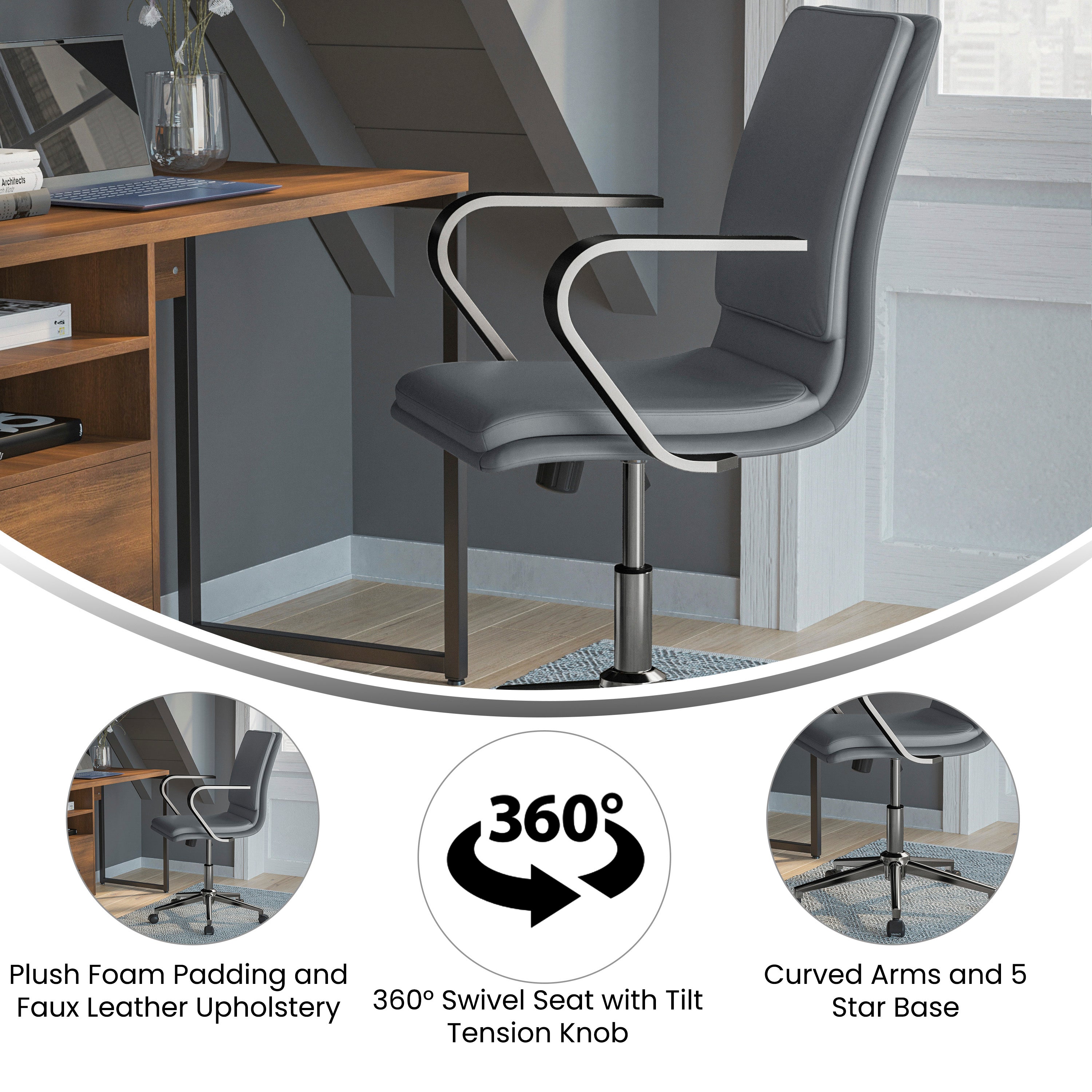 James Mid-Back Designer Executive Upholstered Office Chair with Brushed Metal Base and Arms