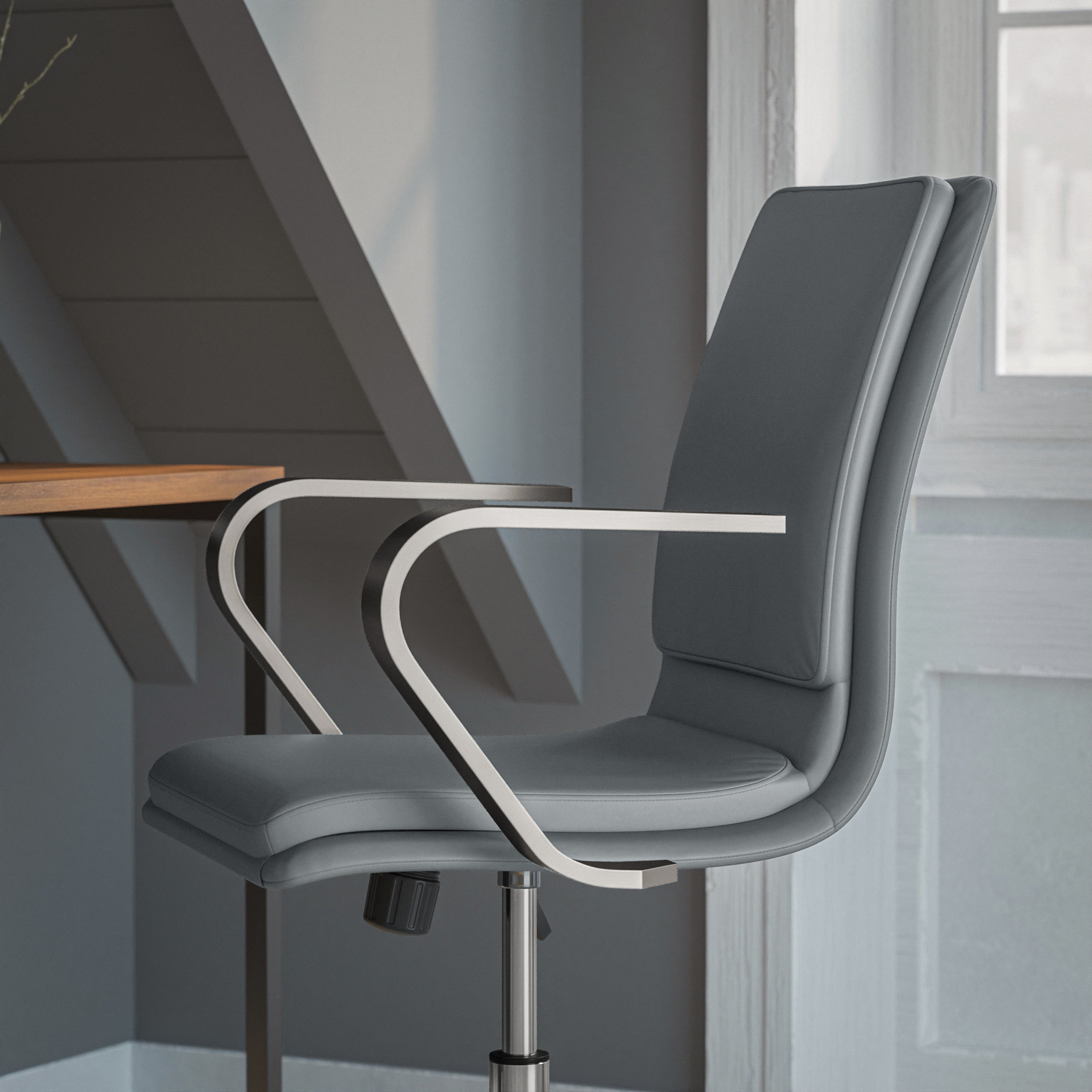 James Mid-Back Designer Executive Upholstered Office Chair with Brushed Metal Base and Arms
