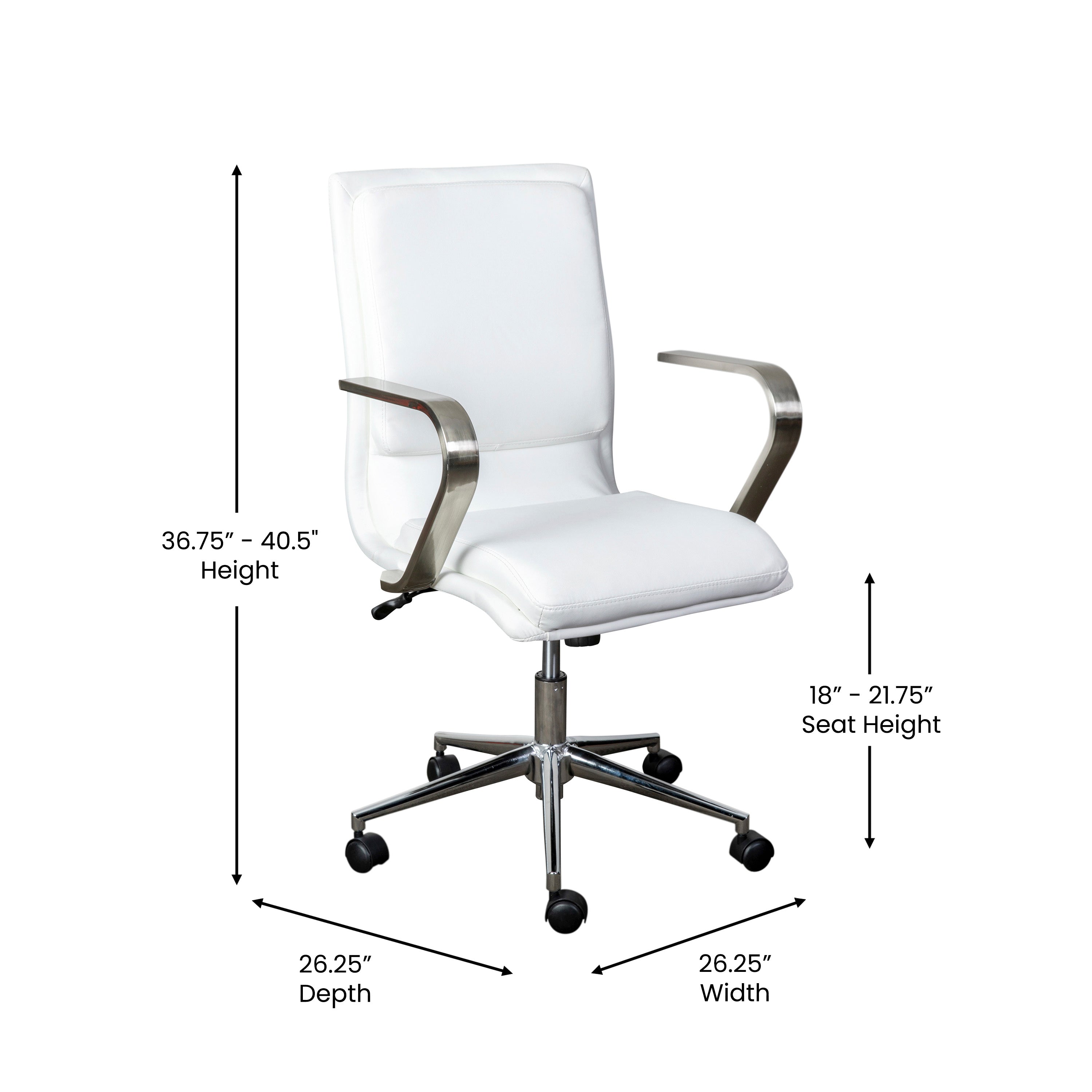 James Mid-Back Designer Executive Upholstered Office Chair with Brushed Metal Base and Arms