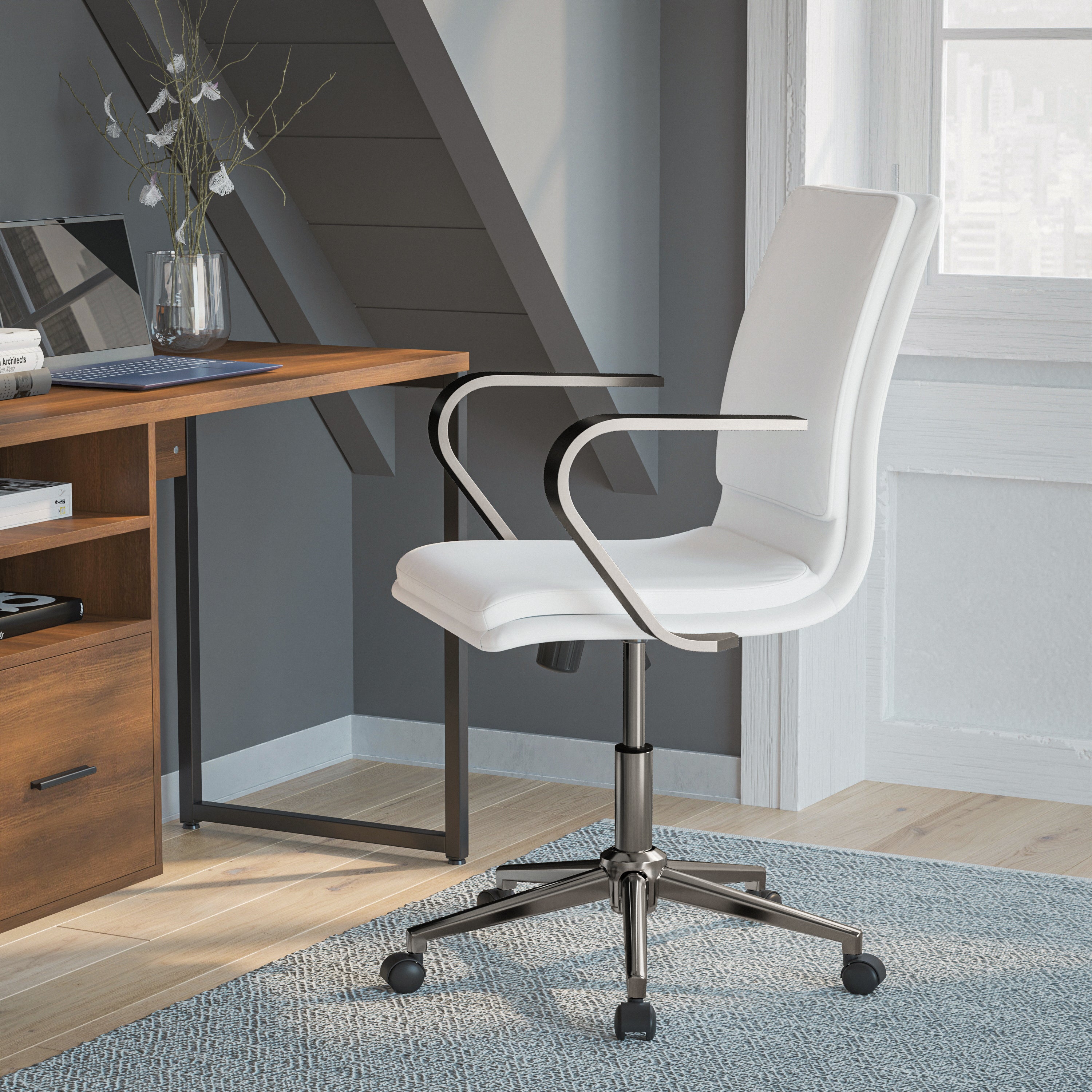 James Mid-Back Designer Executive Upholstered Office Chair with Brushed Metal Base and Arms