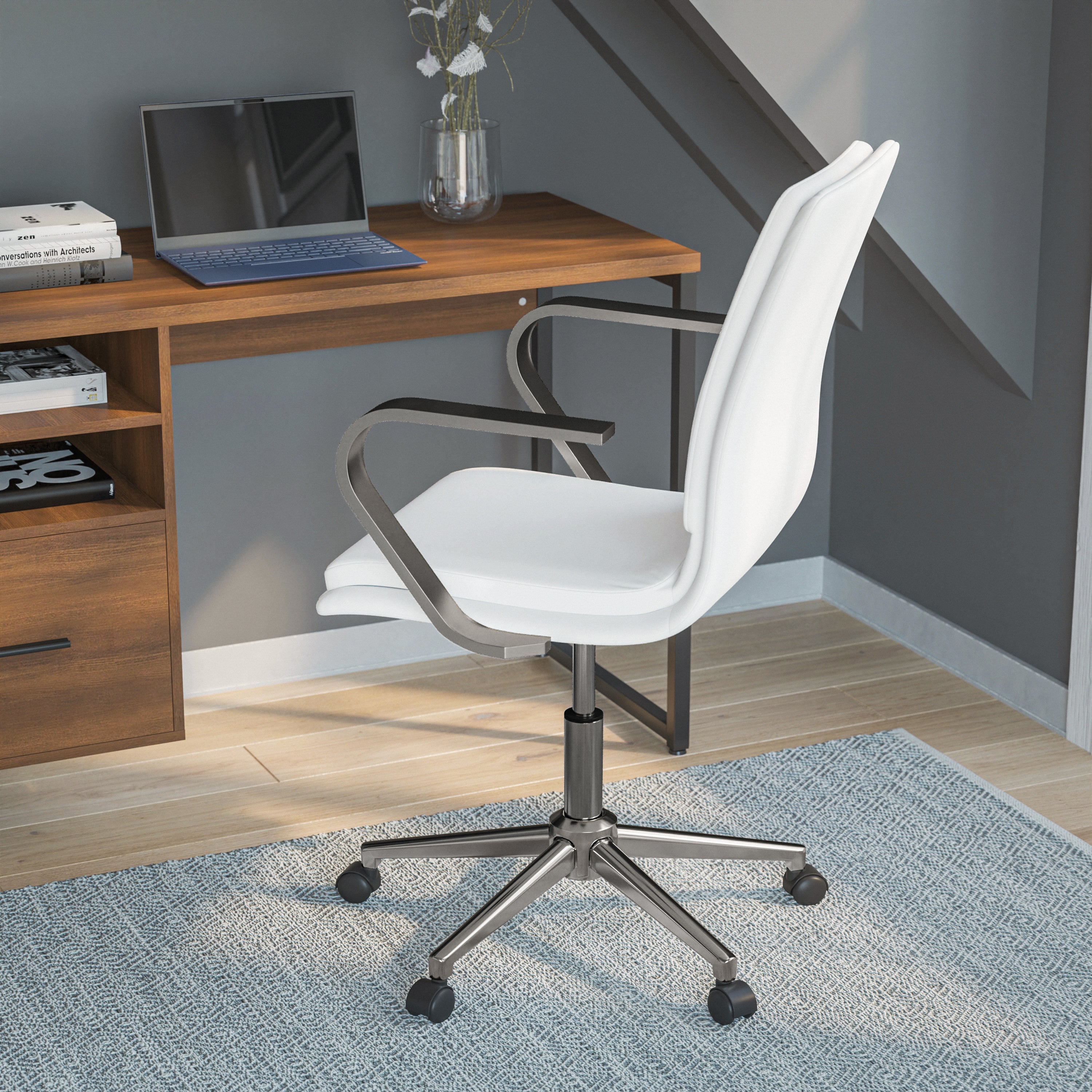 James Mid-Back Designer Executive Upholstered Office Chair with Brushed Metal Base and Arms