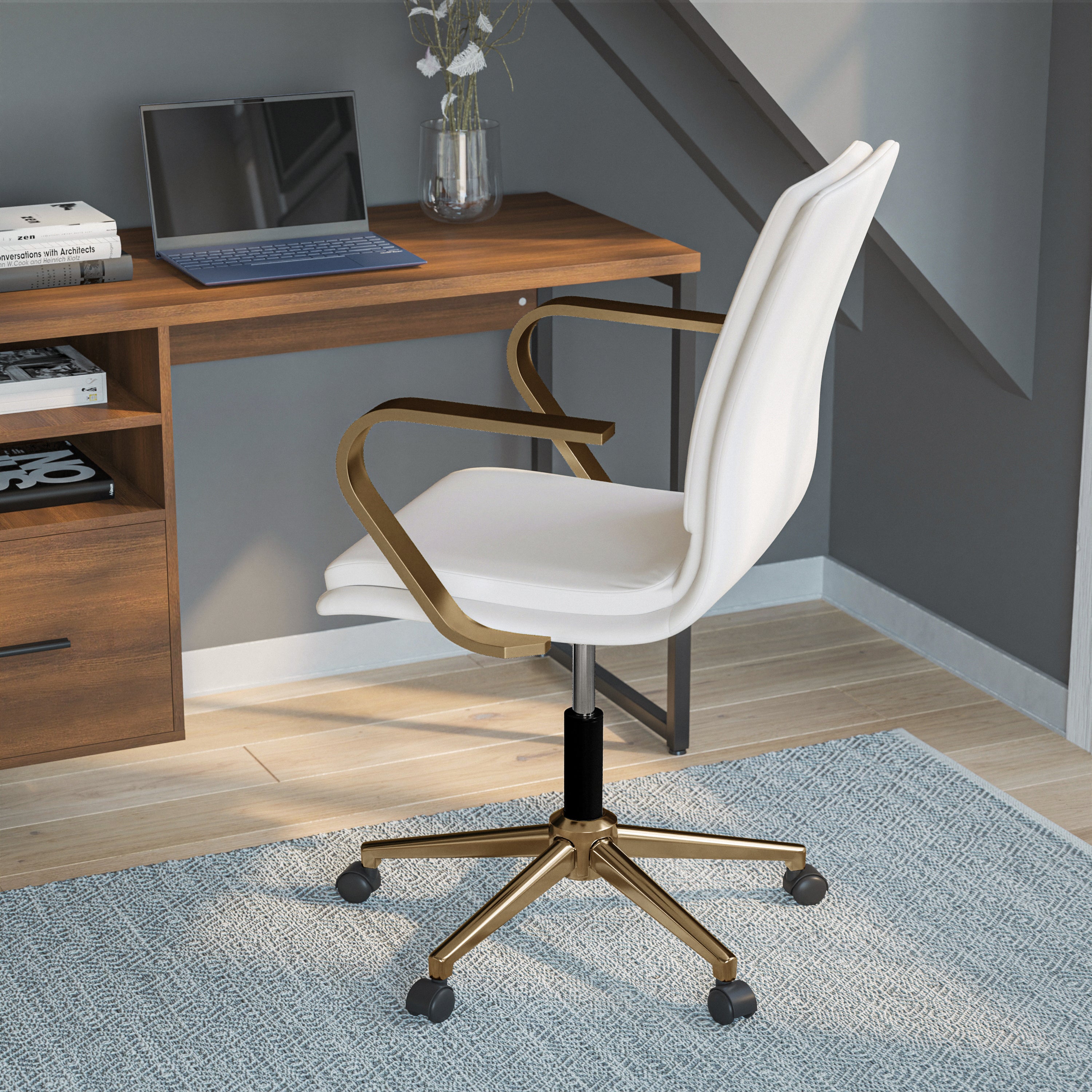 James Mid-Back Designer Executive Upholstered Office Chair with Brushed Metal Base and Arms