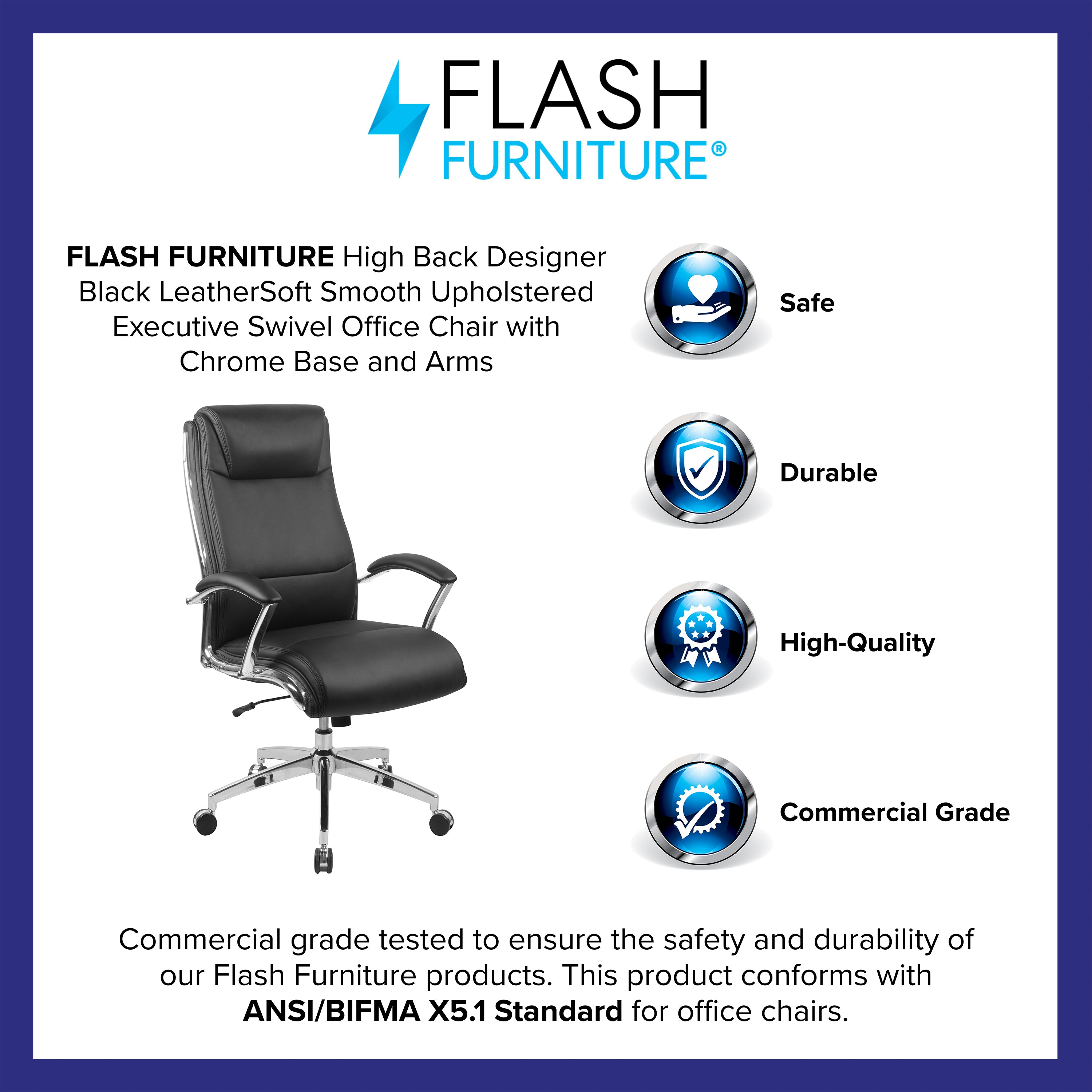 High Back Designer Smooth Upholstered Executive Swivel Office Chair with Chrome Base and Arms