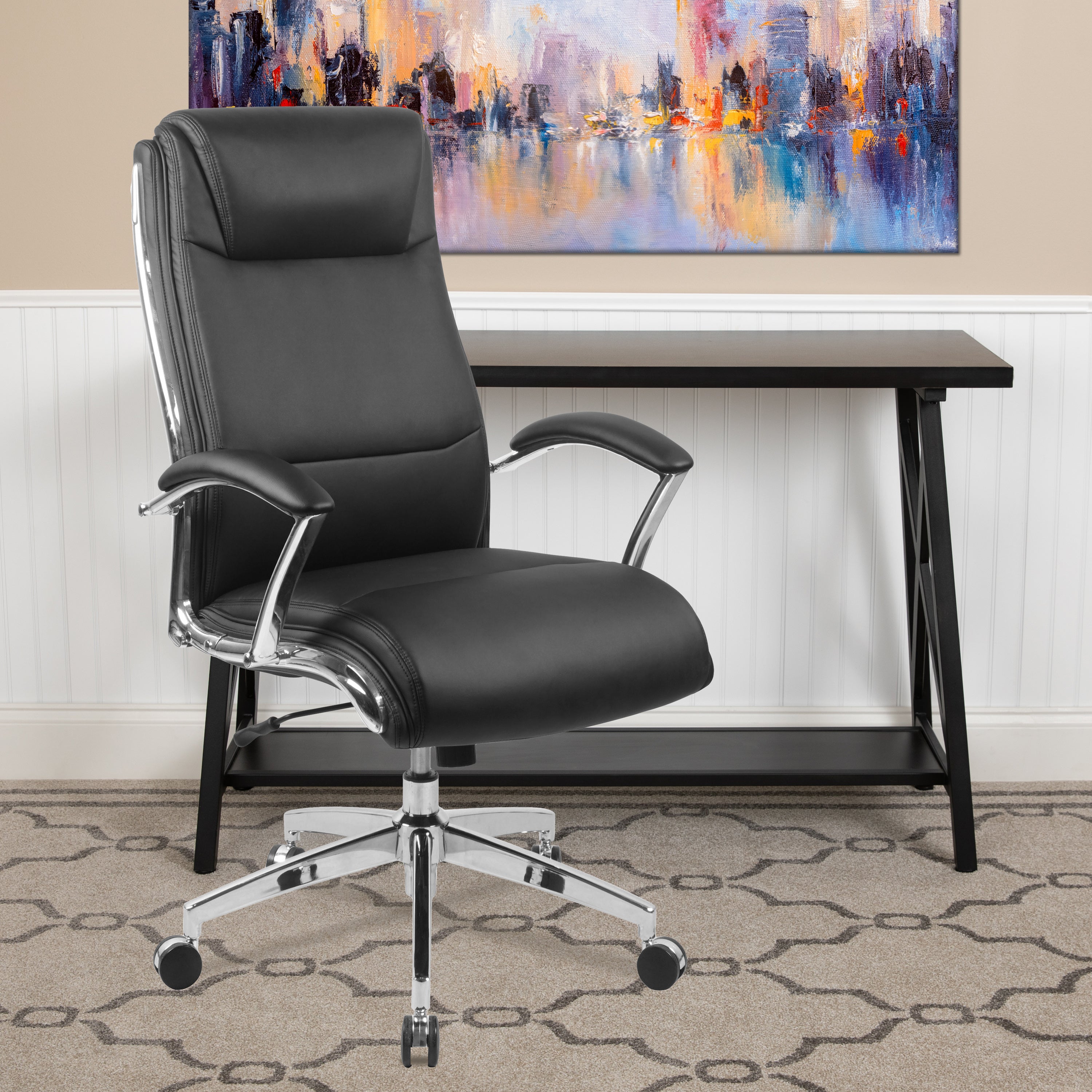 High Back Designer Smooth Upholstered Executive Swivel Office Chair with Chrome Base and Arms