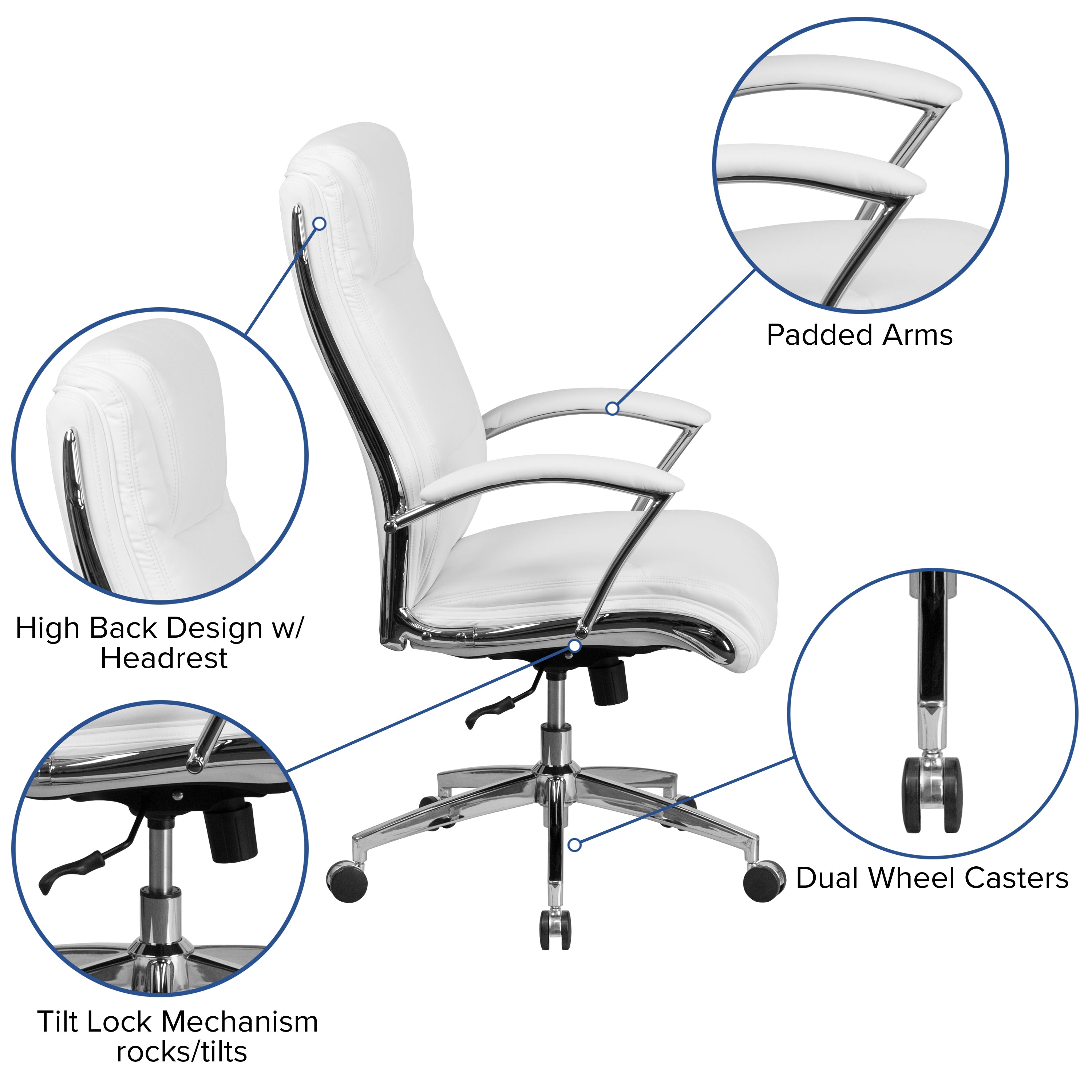 High Back Designer Smooth Upholstered Executive Swivel Office Chair with Chrome Base and Arms