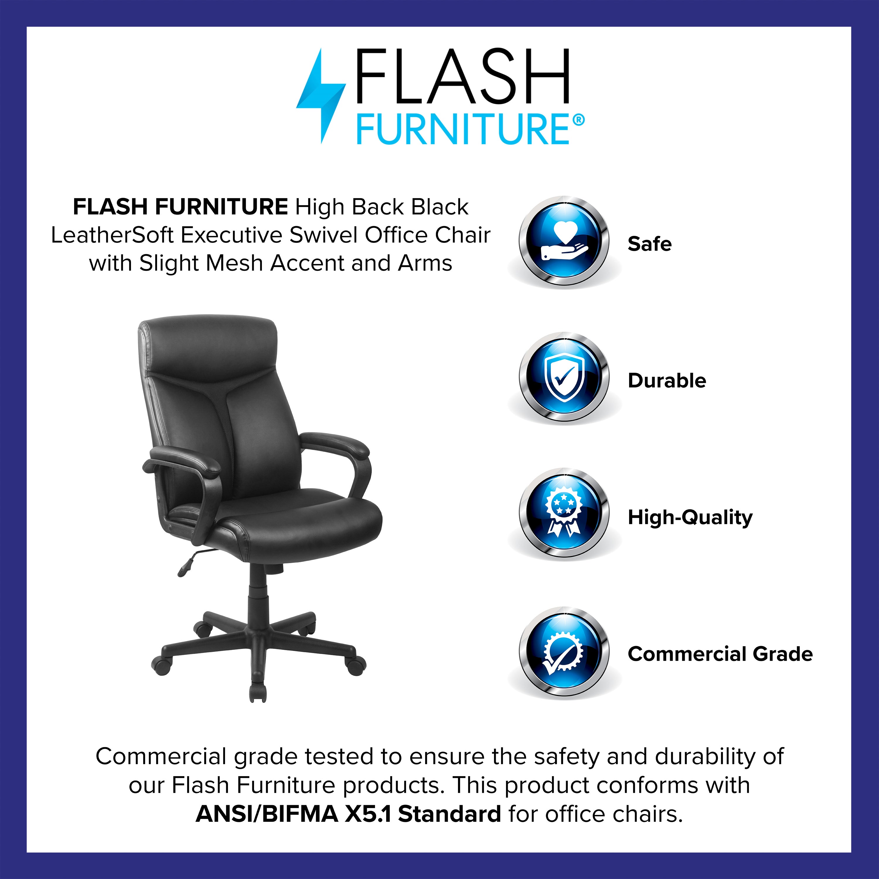 High Back LeatherSoft Executive Swivel Office Chair with Slight Mesh Accent and Arms