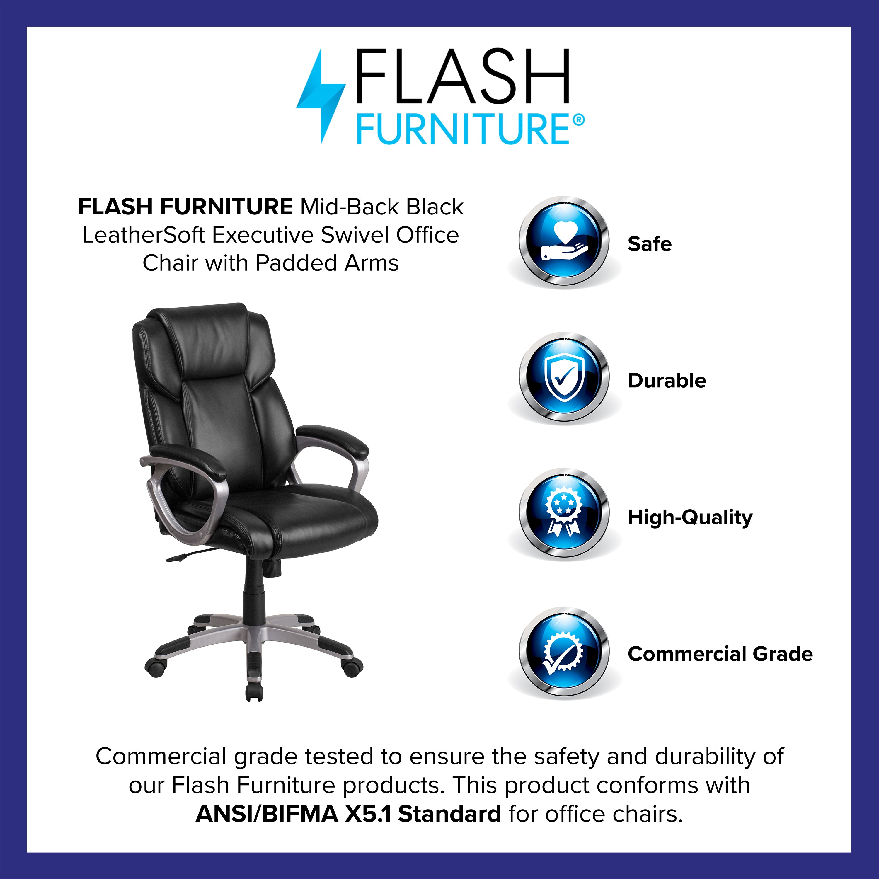 Mid-Back LeatherSoftSoft Executive Swivel Office Chair with Padded Arms