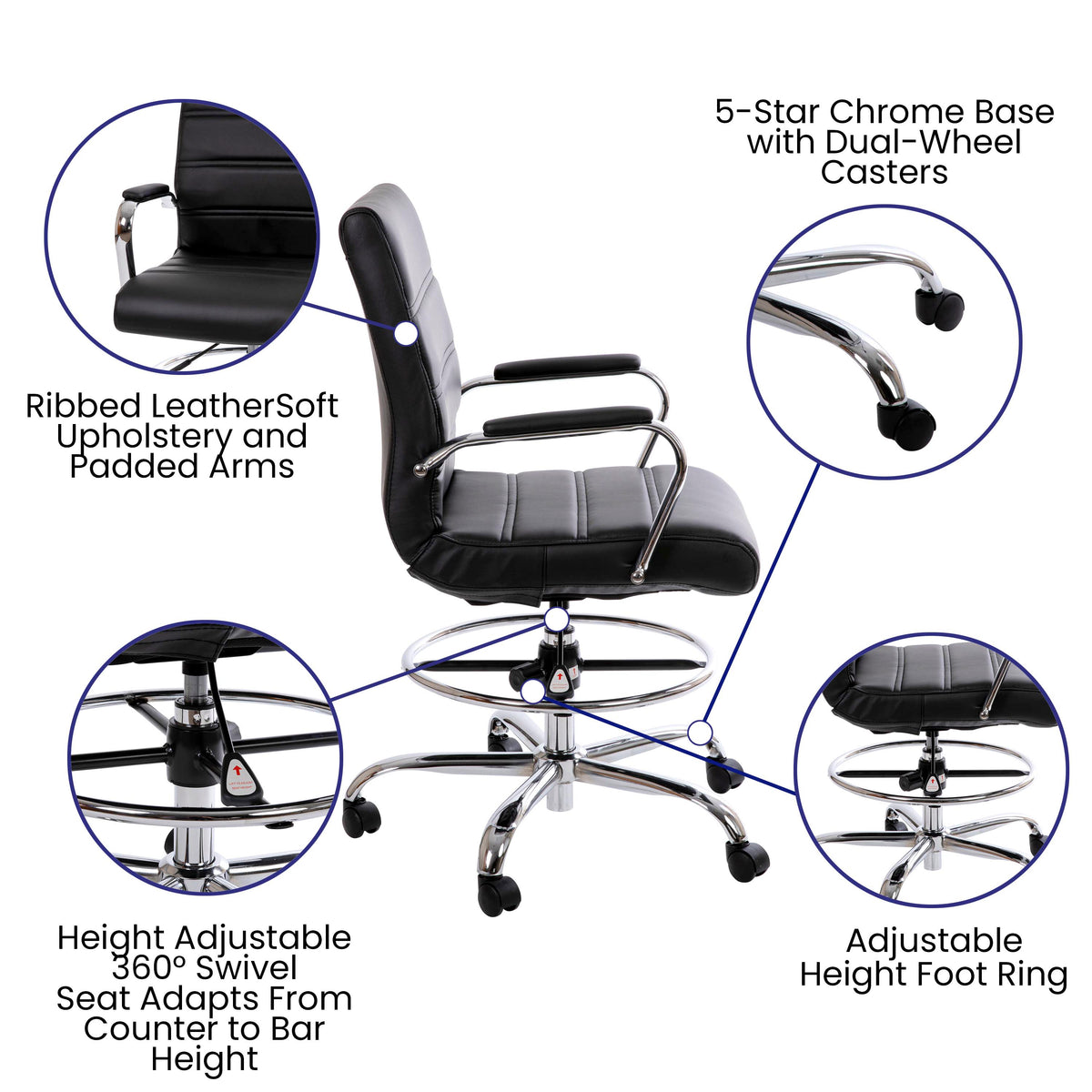 Mid-Back LeatherSoft Drafting Chair with Adjustable Foot Ring and Chrome Base