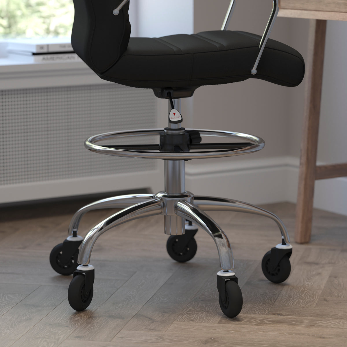 Lexi Mid-Back Drafting Chair with Adjustable Foot Ring, Chrome Base, and Transparent Roller Wheels