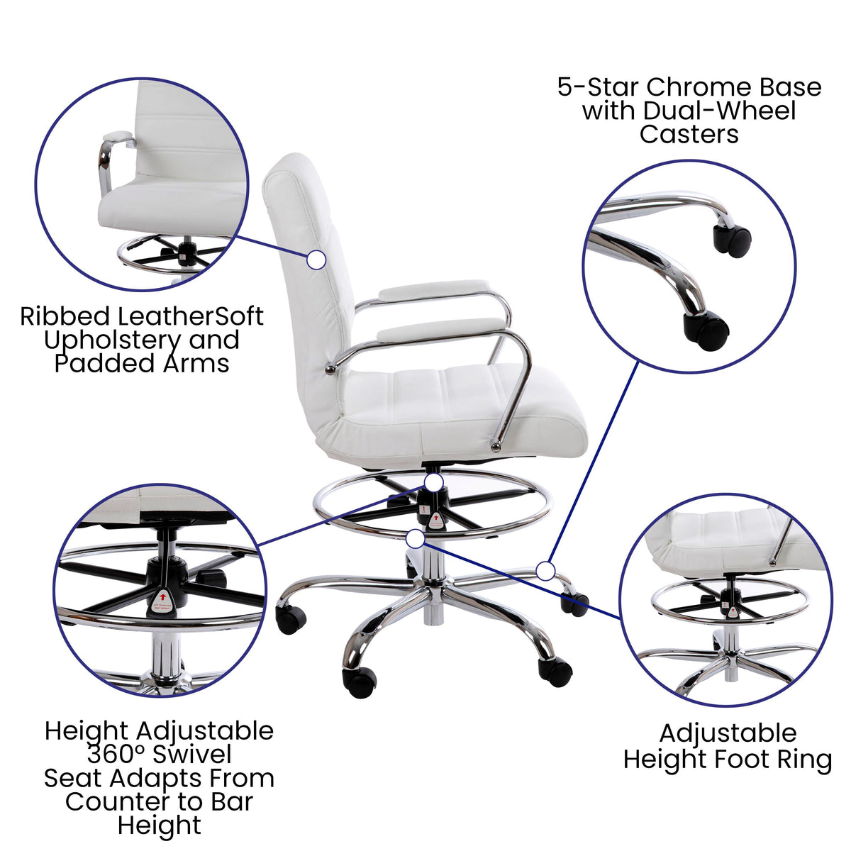 Mid-Back LeatherSoft Drafting Chair with Adjustable Foot Ring and Chrome Base