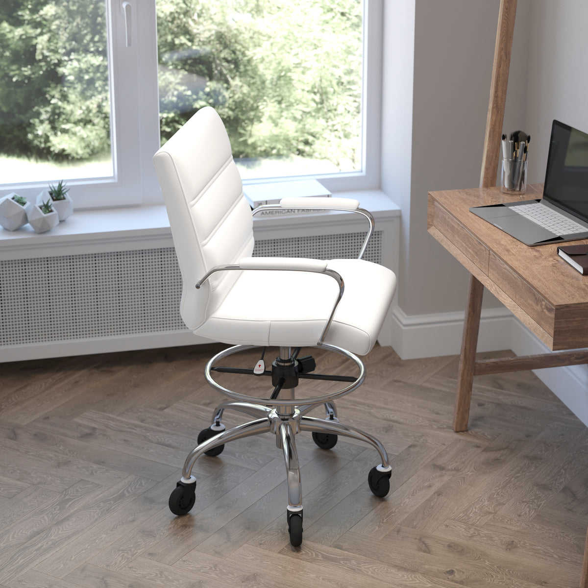 Lexi Mid-Back Drafting Chair with Adjustable Foot Ring, Chrome Base, and Transparent Roller Wheels