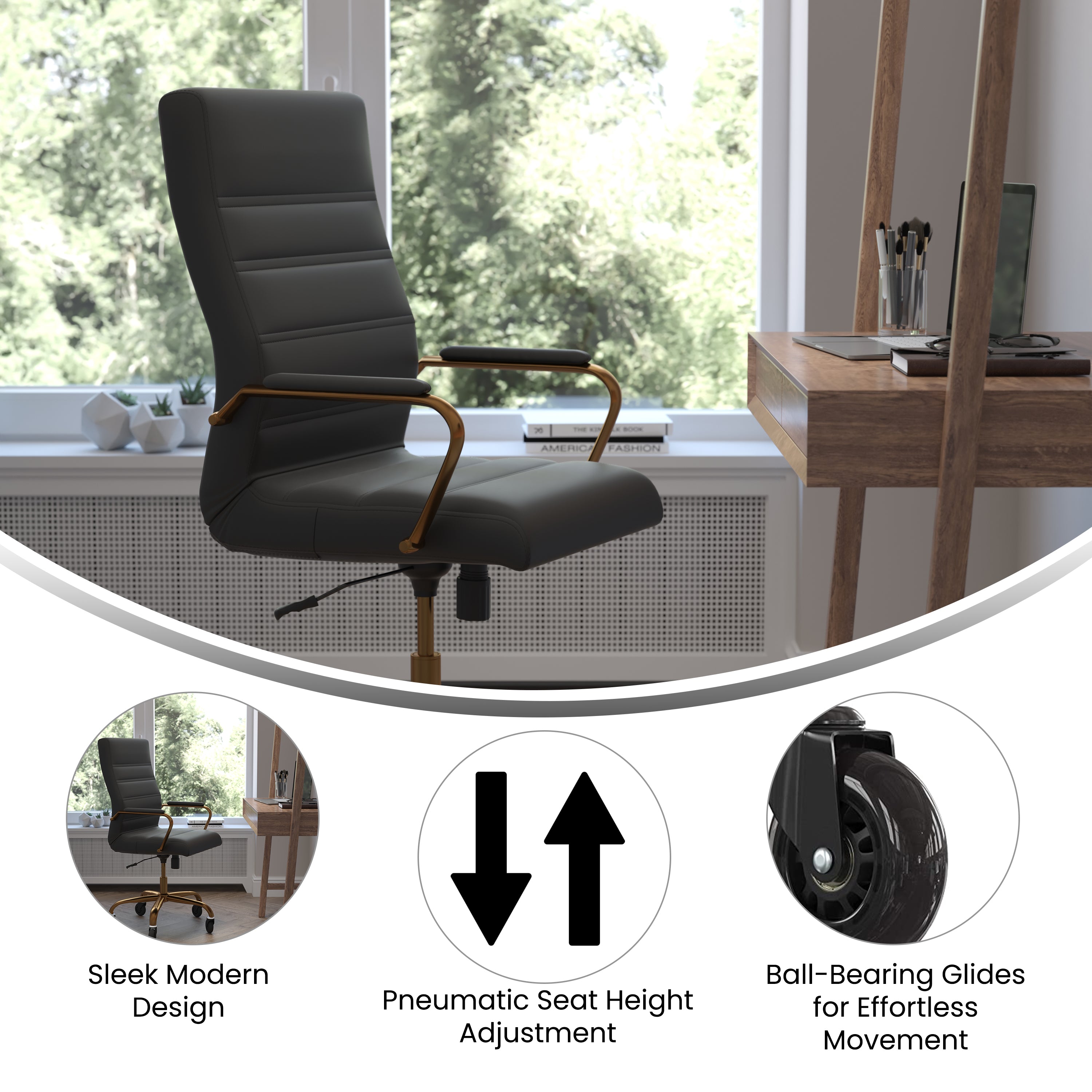 Whitney High Back Executive Swivel Office Chair with Black Frame, Arms, and Transparent Roller Wheels